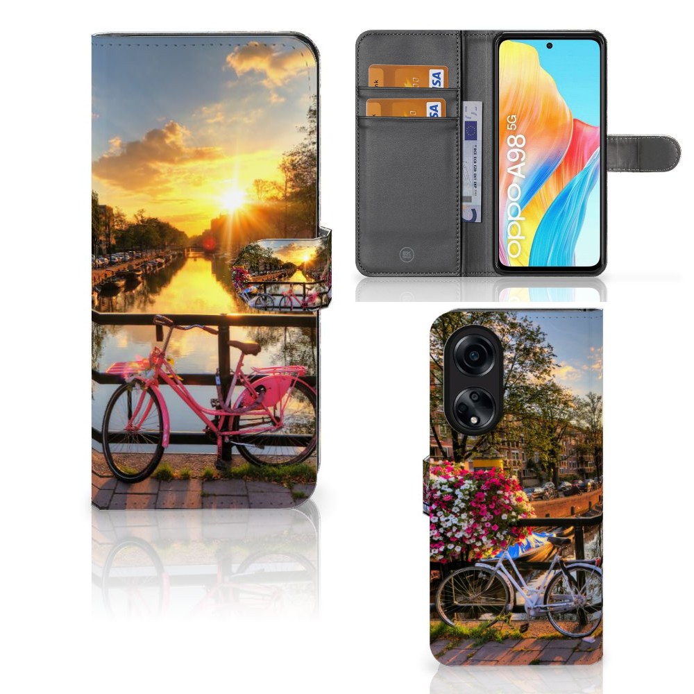 OPPO A98 5G Flip Cover Amsterdamse Grachten telefoonhoesje Amsterdam grachten fiets bloemen aanzicht
