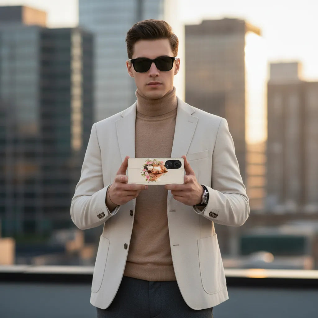 Jonge man in een blazer houdt een OPPO A98 5G Hoesje Maken met Eigen Foto met bloemenmotief vast.
