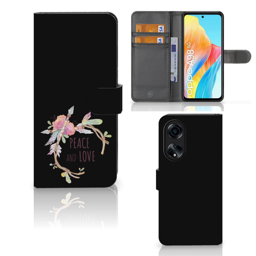 OPPO A98 5G Leuk Hoesje Boho Text met 'Peace and Love' ontwerp voor gebruiksgemak en bescherming.