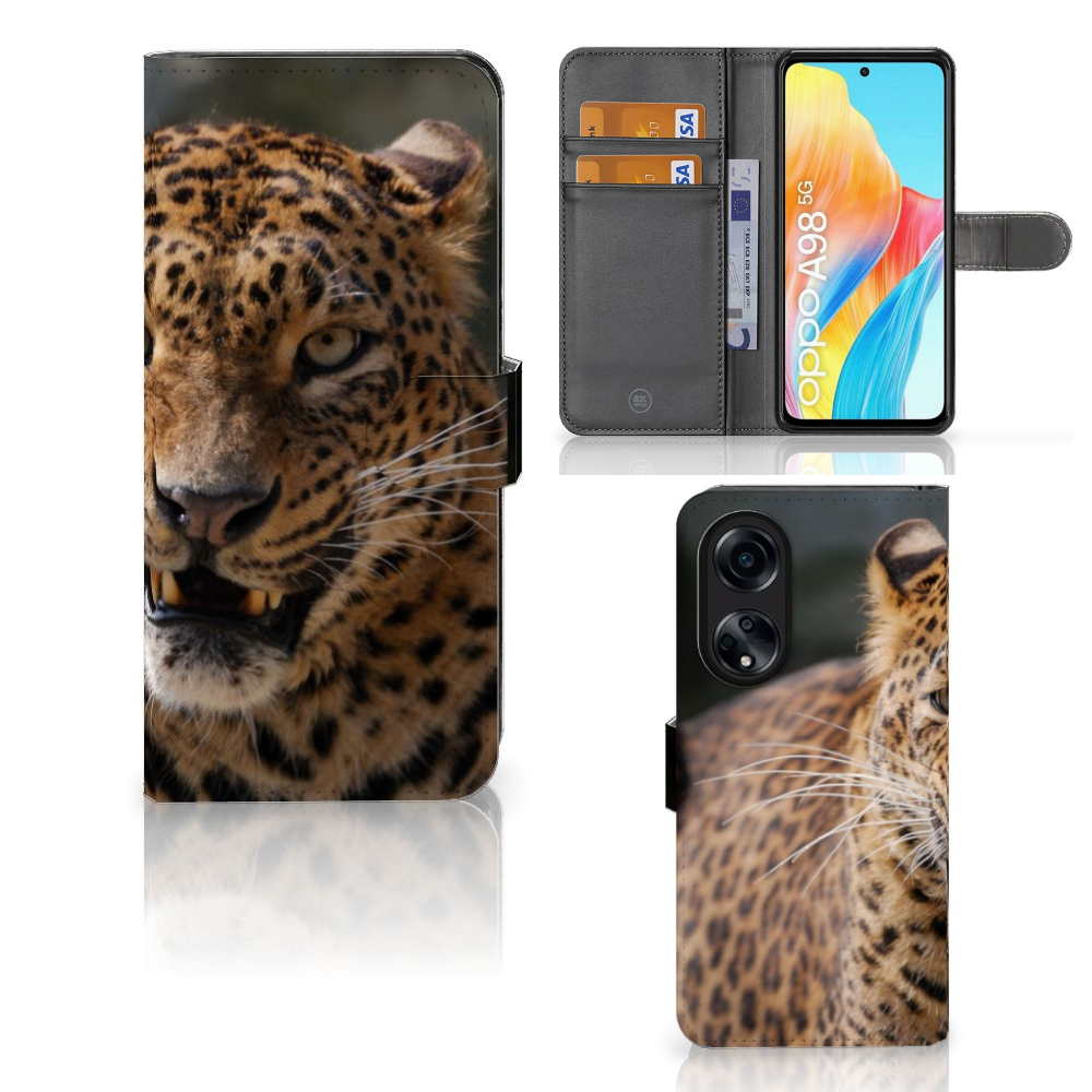 OPPO A98 5G Telefoonhoesje met Pasjes Luipaard smartphone hoesje luipaard design aanzicht