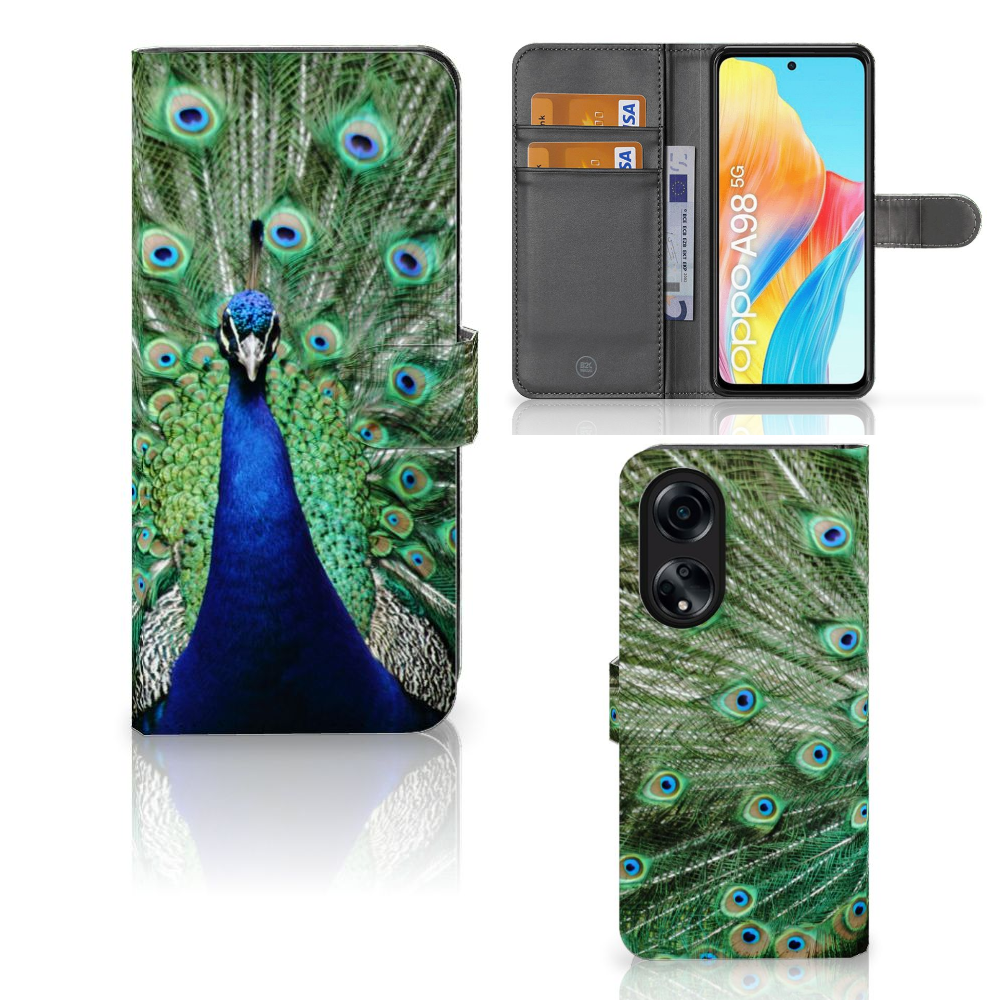OPPO A98 5G Telefoonhoesje met Pasjes Pauw hoesje design pauw voorkant achterkant