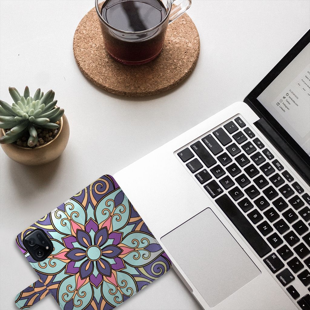 OPPO Find X5 Hoesje Purple Flower design kleurige bloemen aanzicht