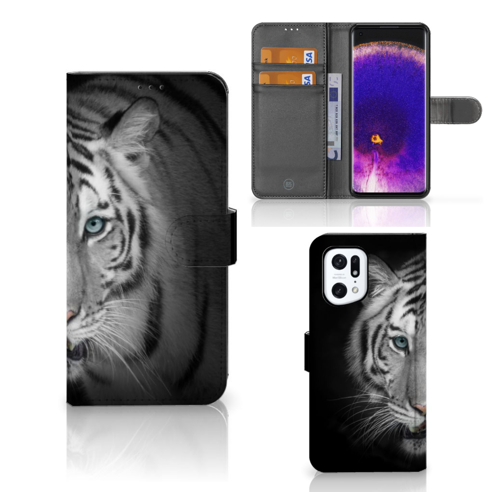OPPO Find X5 Pro Telefoonhoesje met Pasjes Tijger portemonnee ontwerp tijger vooraanzicht
