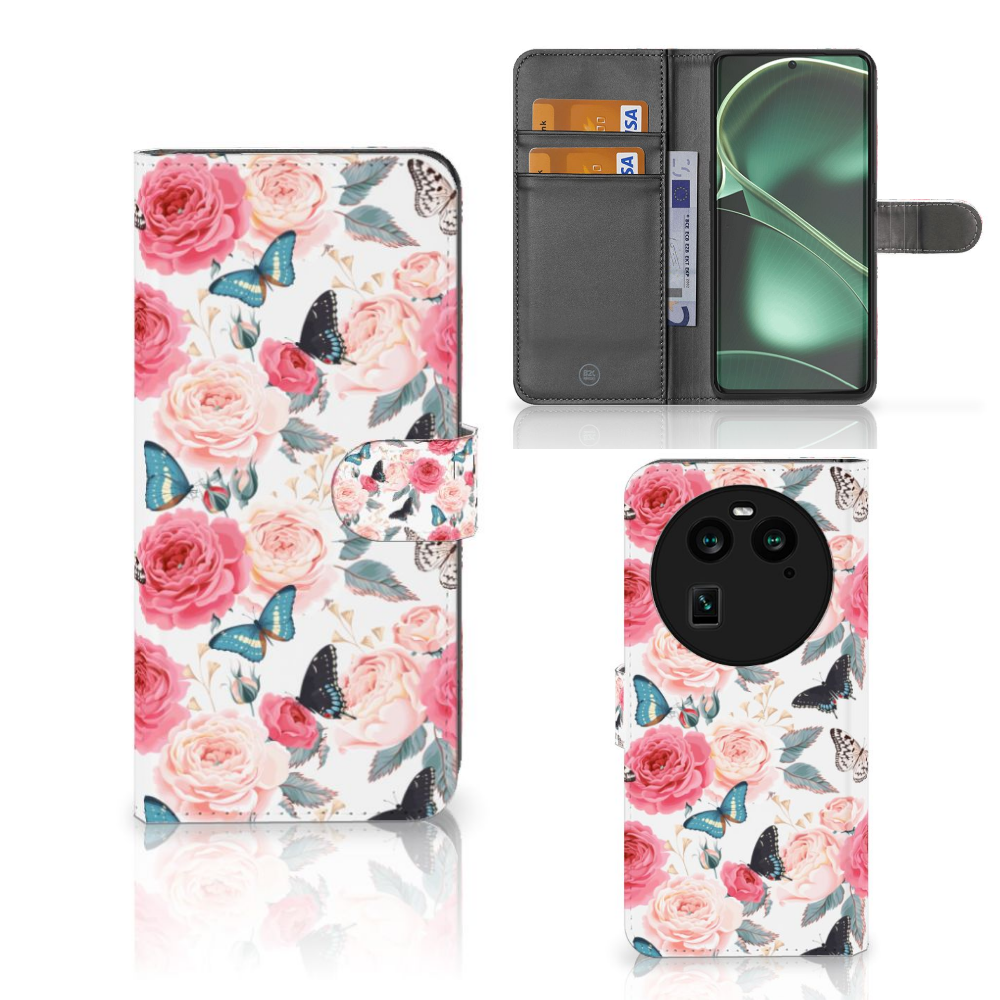 OPPO Find X6 Hoesje Butterfly Roses bookcase flap view roses butterflies