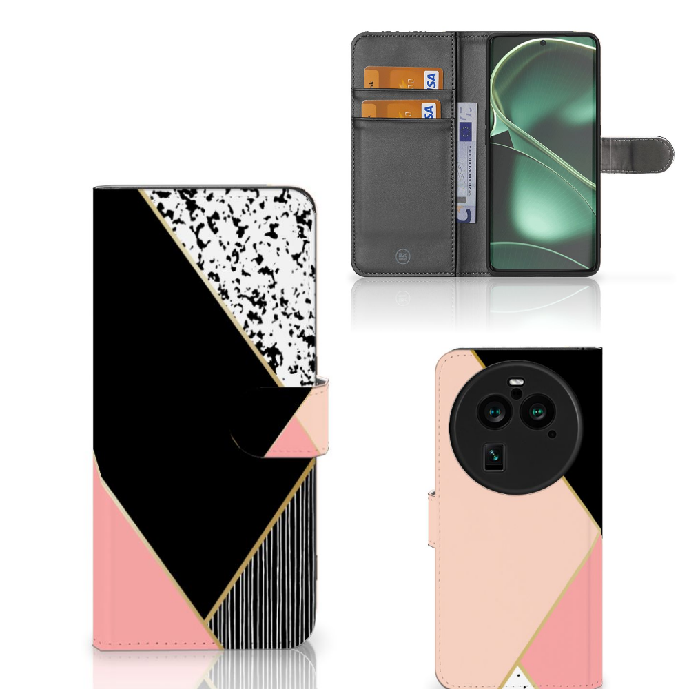 OPPO Find X6 Pro Book Case Zwart Roze Vormen bookcase geometrisch ontwerp aanzicht