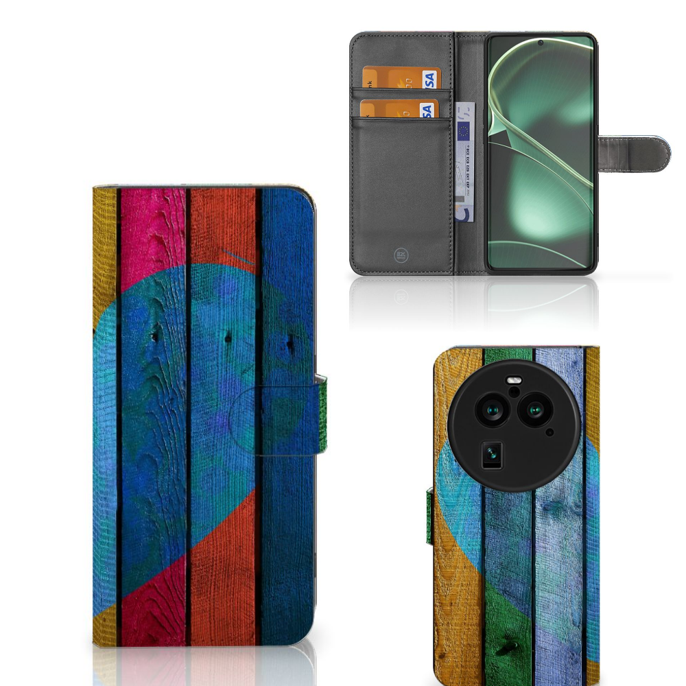 OPPO Find X6 Pro Book Style Case Wood Heart cadeau voor je vriend boekhoesje design hartje aanzicht