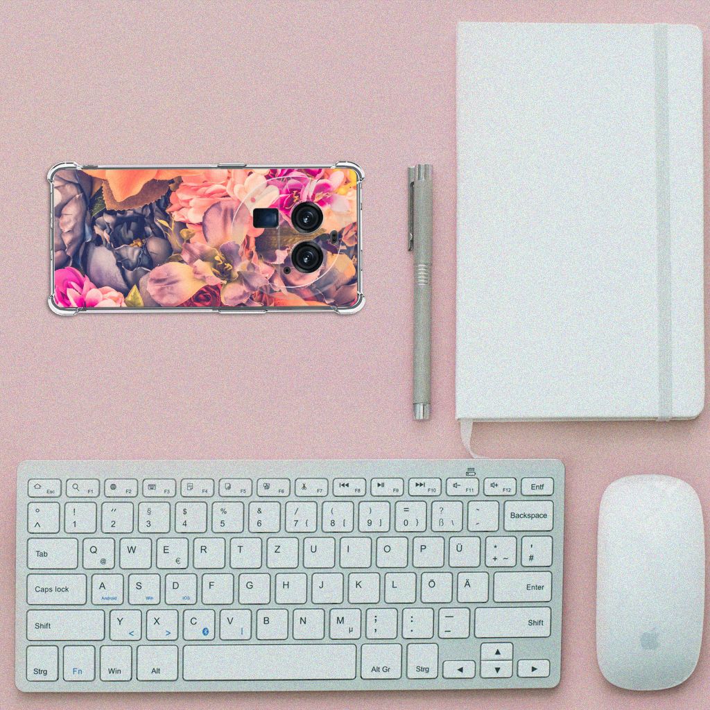 OPPO Find X6 Pro Case Bosje Bloemen bovenaanzicht smartphone toetsenbord notitieboek pen muis