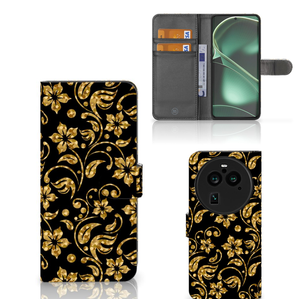 OPPO Find X6 Pro Hoesje Gouden Bloemen voorkant binnenkant achterkant