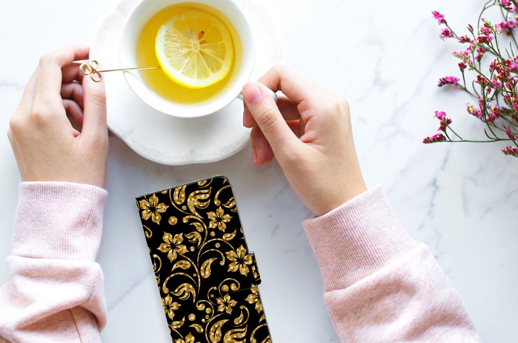 OPPO Find X6 Pro Hoesje Gouden Bloemen design gouden bloemen aanzicht