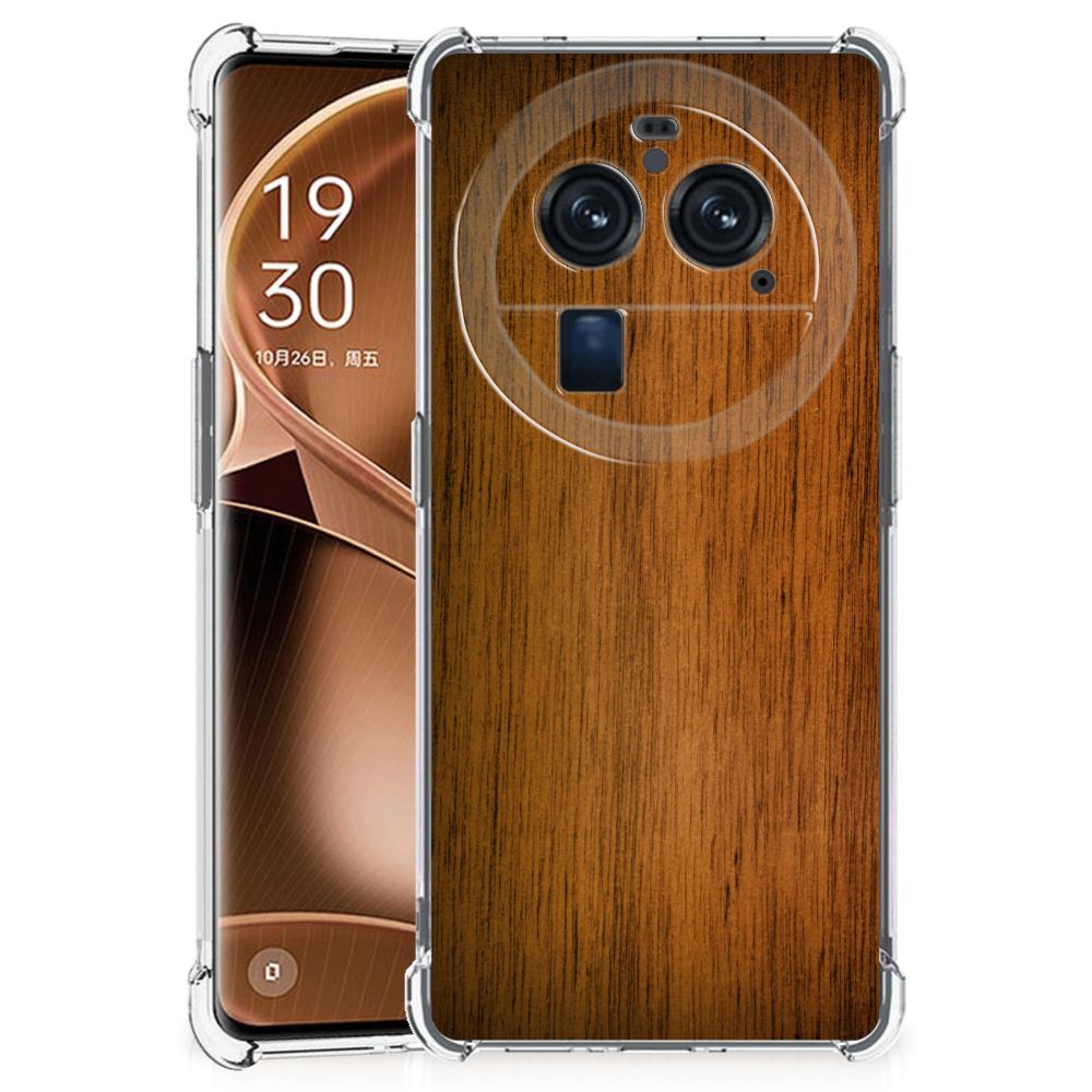 OPPO Find X6 Pro Stevig Telefoonhoesje Donker Hout achterkant voorzijde