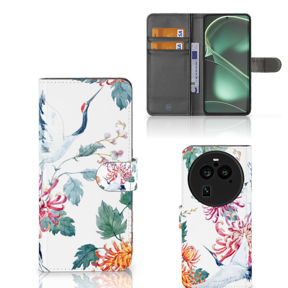 OPPO Find X6 Pro Telefoonhoesje met Pasjes Bird Flowers telefoonhoesje design ooievaar bloemen aanzicht
