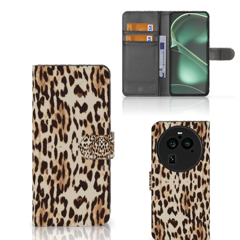 OPPO Find X6 Pro Telefoonhoesje met Pasjes Leopard hoesje dierenprint aanzicht