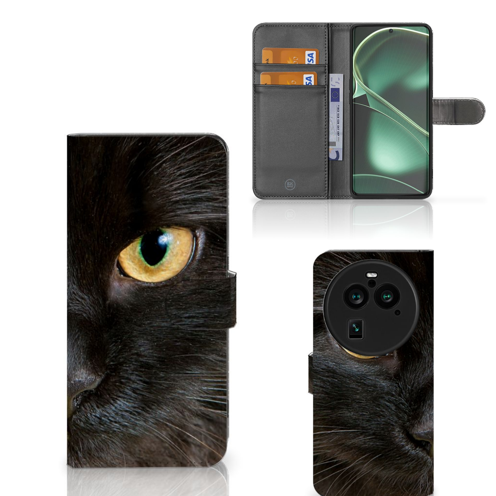 OPPO Find X6 Pro Telefoonhoesje met Pasjes Zwarte Kat design zwart kat aanzicht
