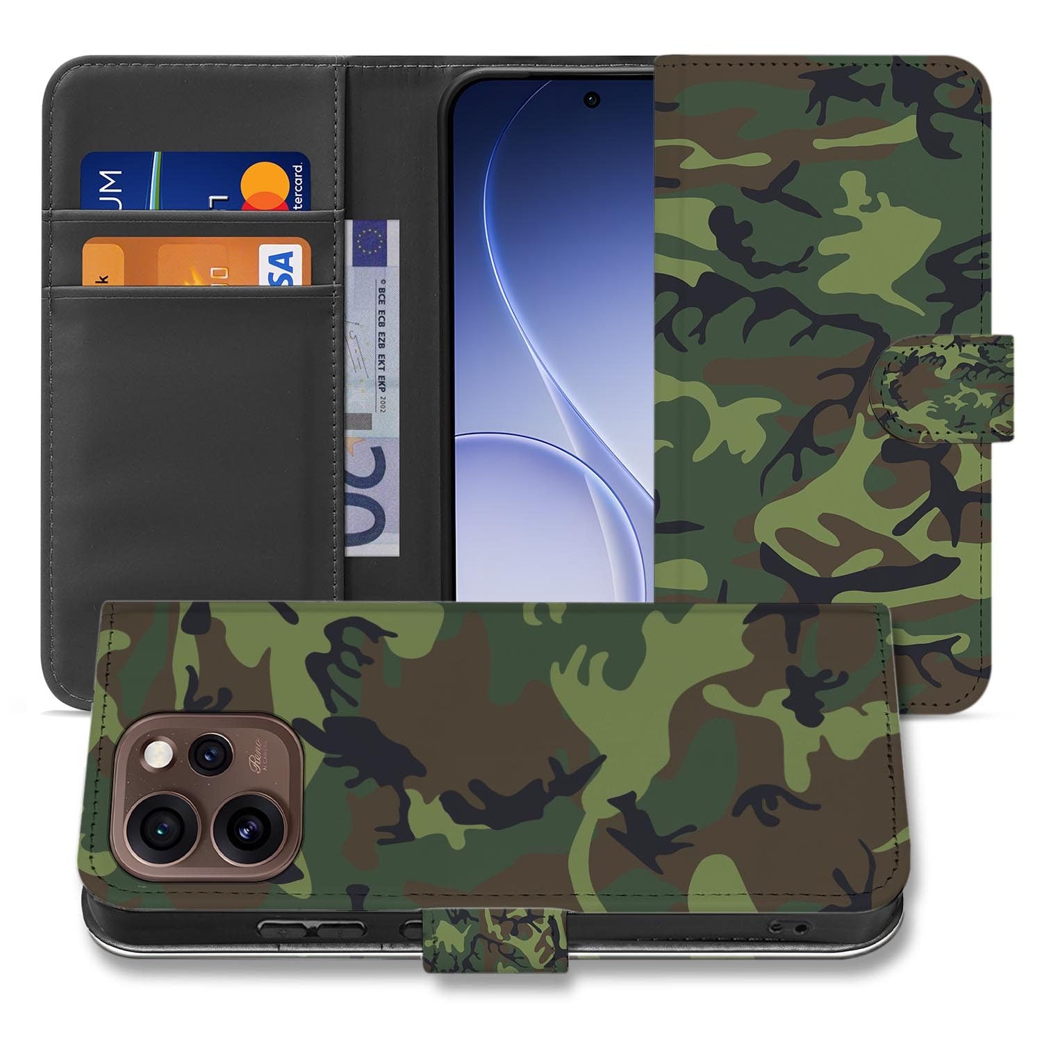 Book case hoesje OPPO Reno15 Pro Army Dark schuin aanzicht van de klep