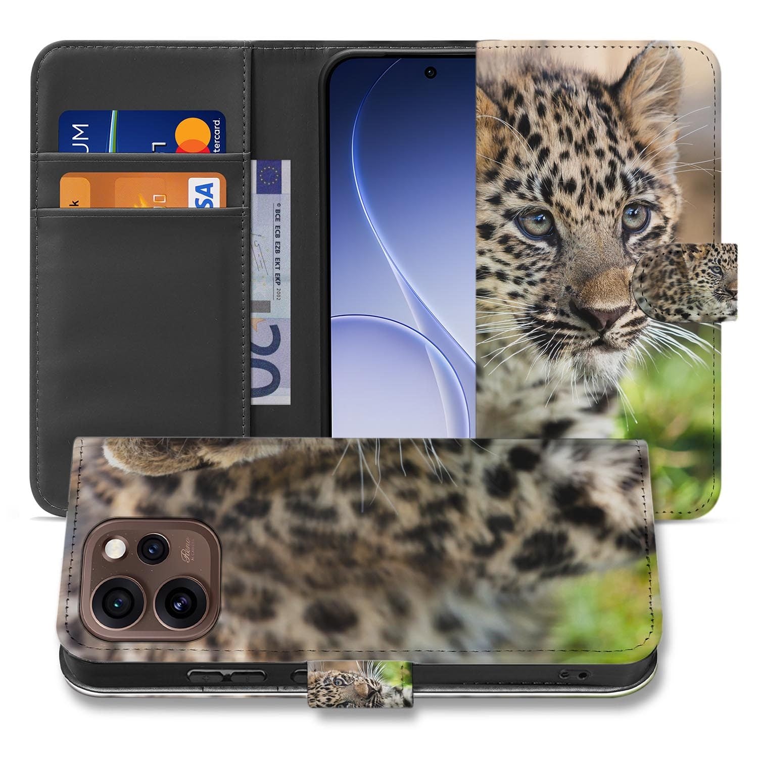 Wallet hoesje OPPO Reno15 Pro Baby Luipaard met gesloten klep, vooraanzicht
