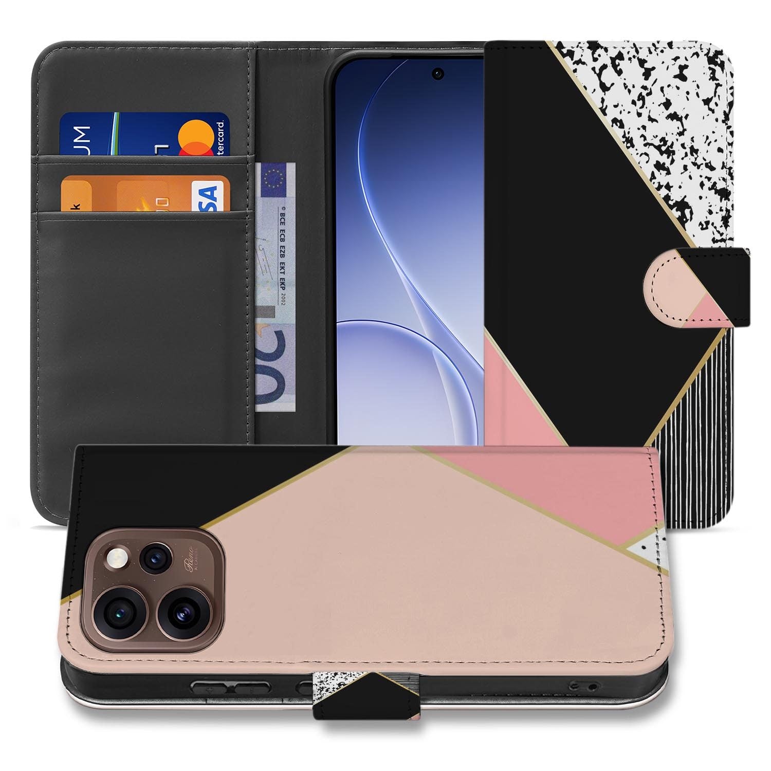 Bookcase hoesje OPPO Reno15 Pro Black Pink Shapes schuin aanzicht van de klep