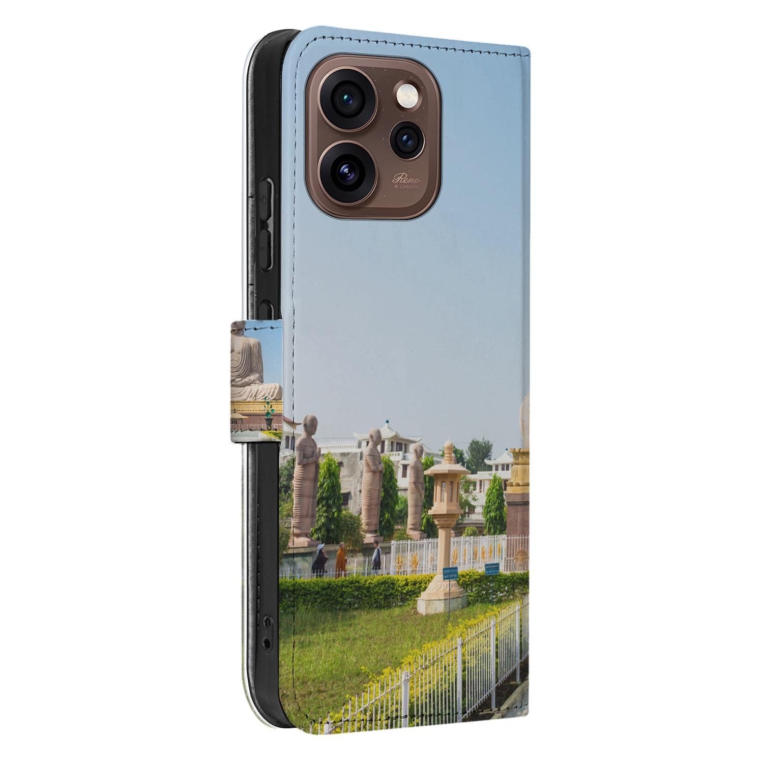 Wallet hoesje OPPO Reno15 Pro Boeddha schuin aanzicht van de klep