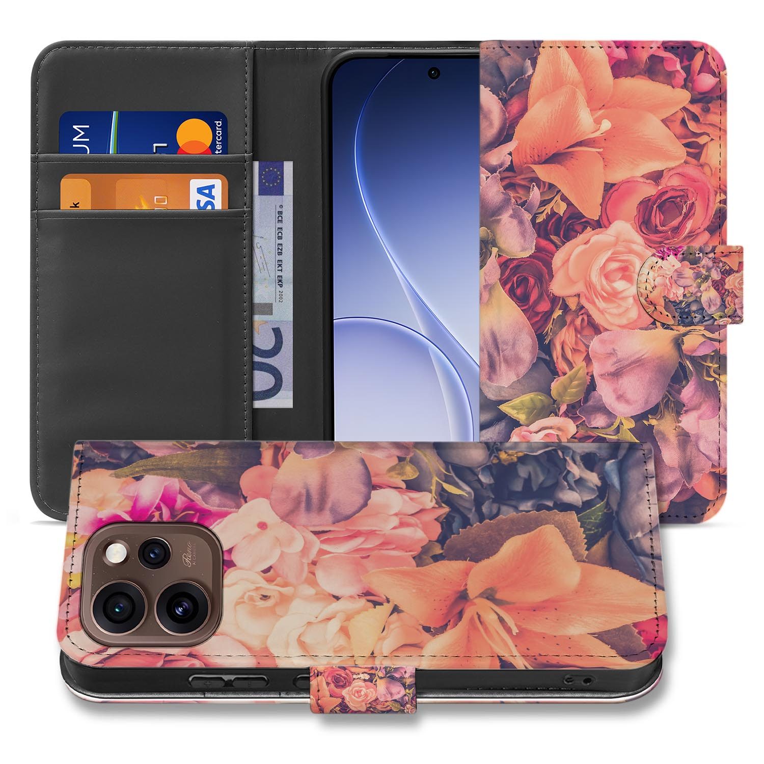 Hoesje met pasjeshouder OPPO Reno15 Pro Bosje Bloemen zijaanzicht met magneetsluiting