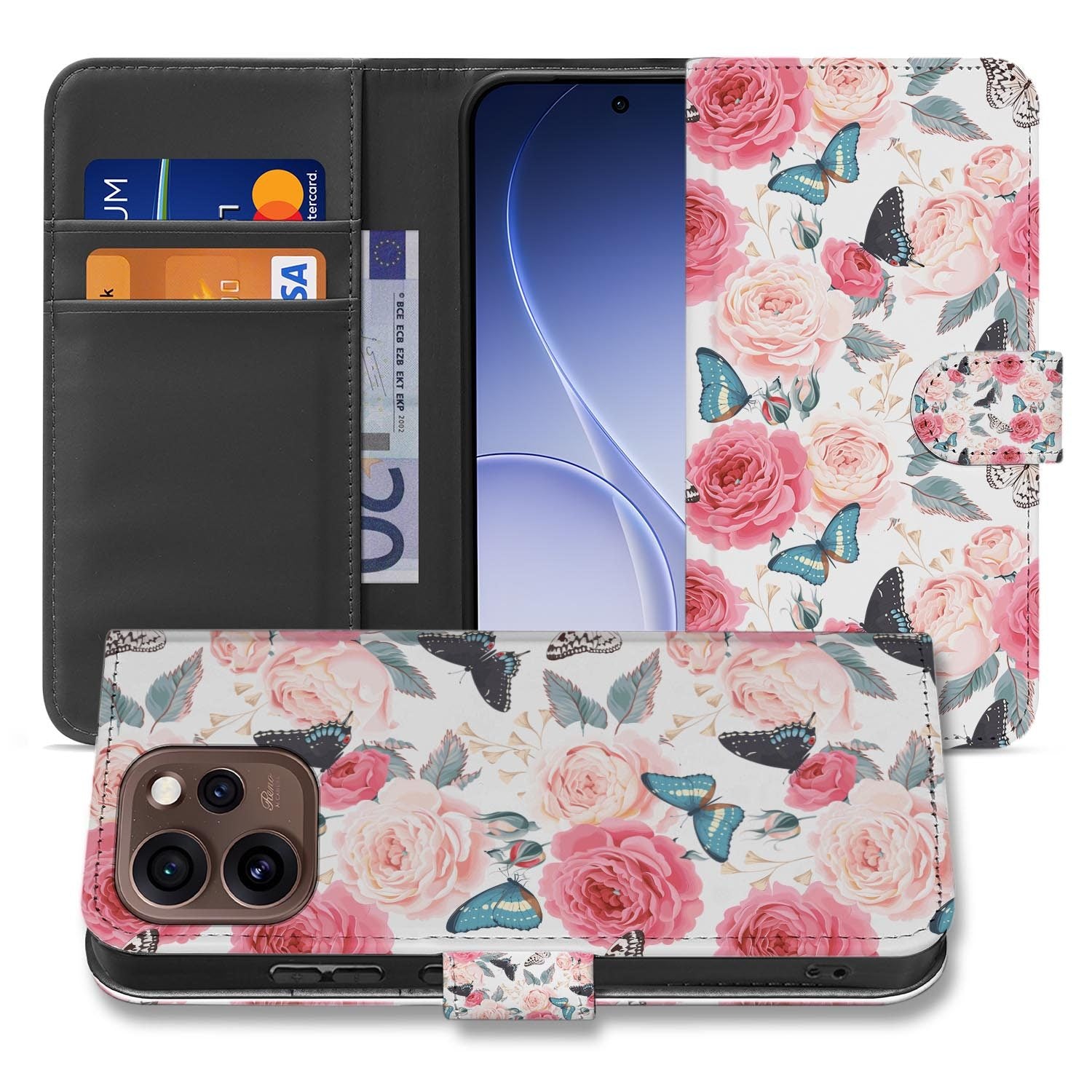 Bookcase hoesje OPPO Reno15 Pro Butterfly Roses met gesloten klep, vooraanzicht