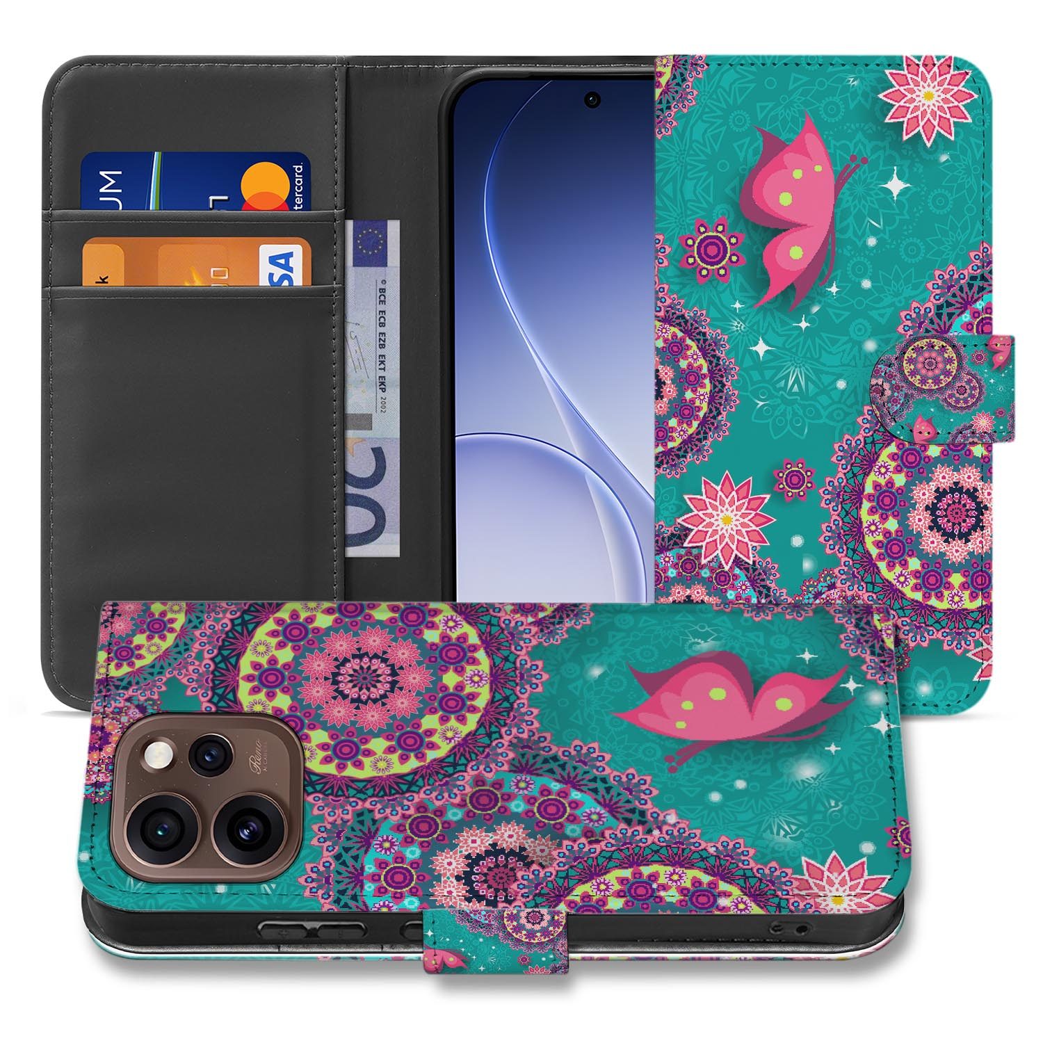 Book case hoesje OPPO Reno15 Pro Cirkels en Vlinders schuin aanzicht van de klep