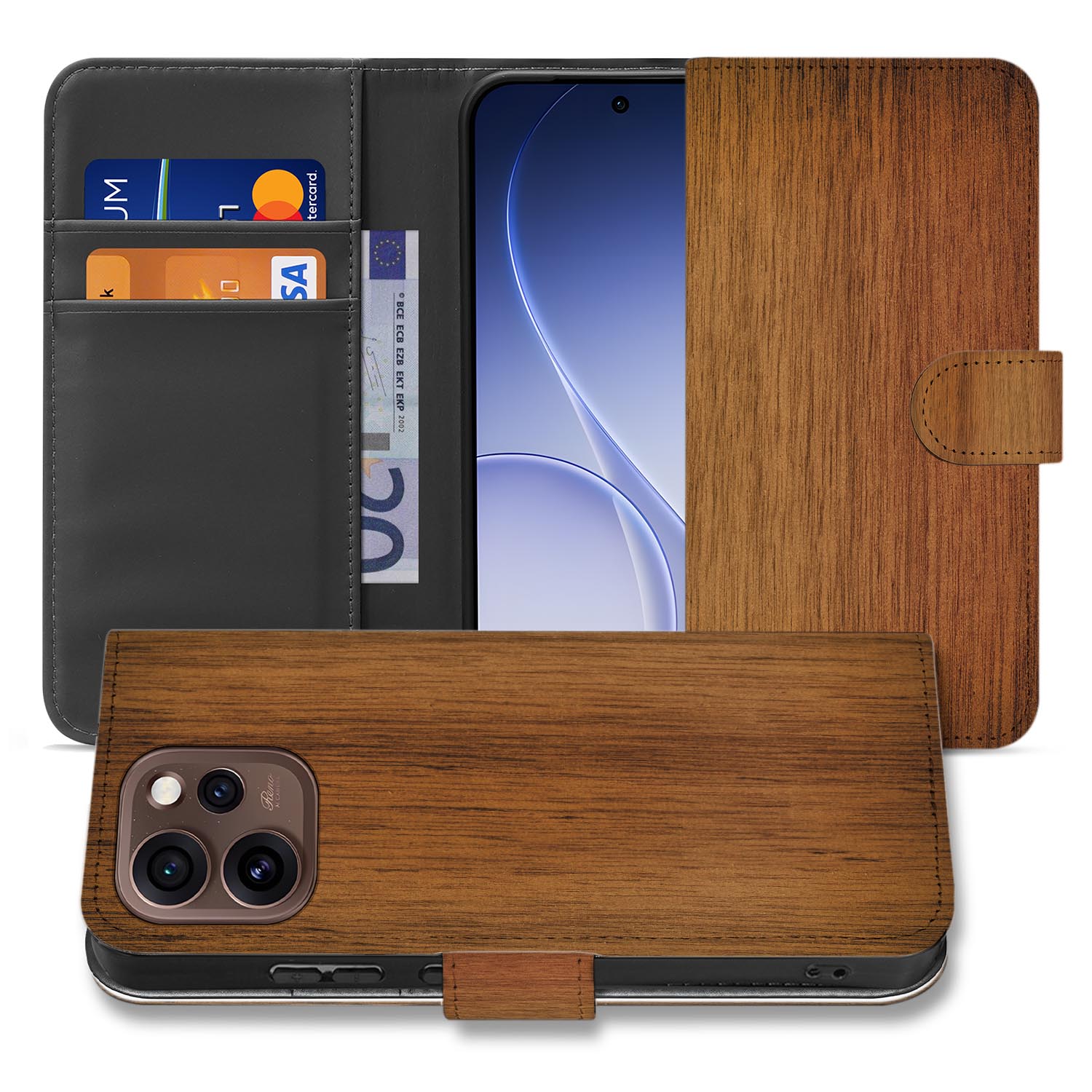 Portemonnee hoesje OPPO Reno15 Pro Donker Hout opengeklapt met pasjesvakken zichtbaar
