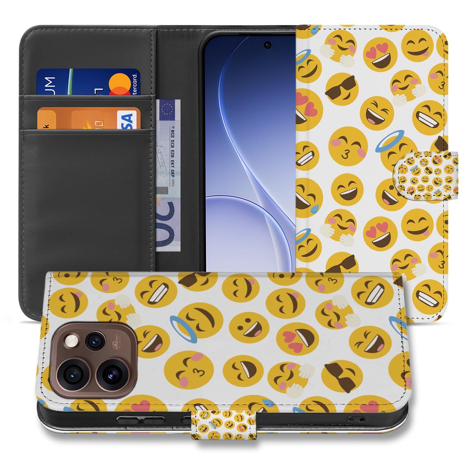 Wallet hoesje OPPO Reno15 Pro Emoji met gesloten klep, vooraanzicht