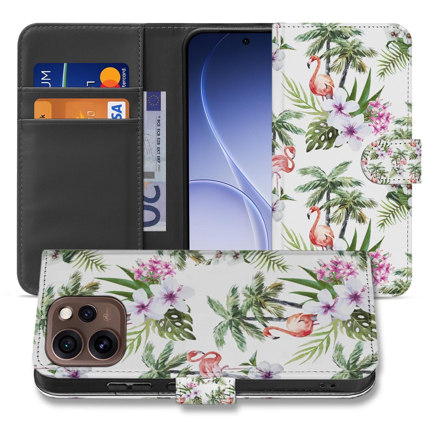 Wallet hoesje OPPO Reno15 Pro Flamingo Palms zijaanzicht met magneetsluiting