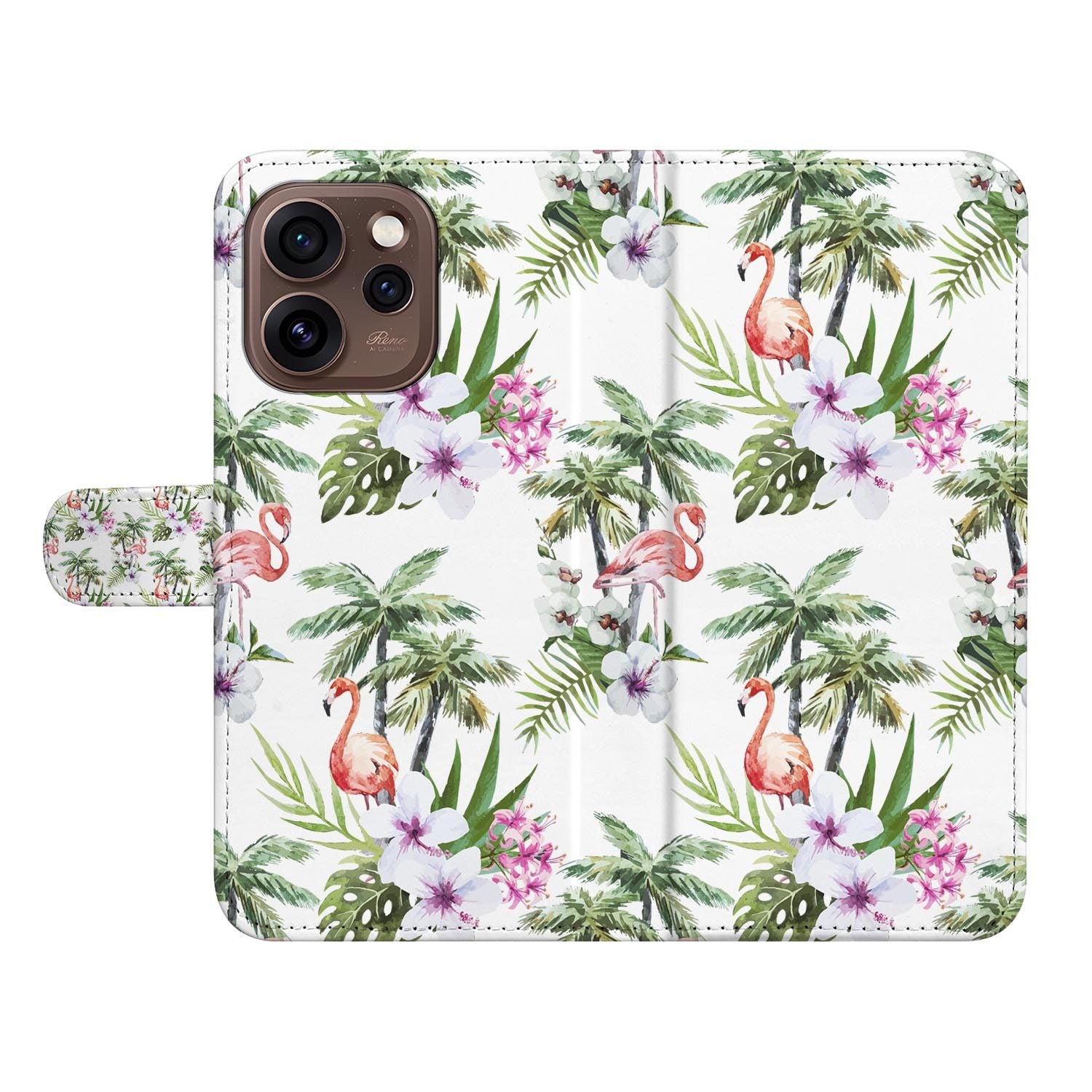 Wallet hoesje OPPO Reno15 Pro Flamingo Palms schuin aanzicht van de klep