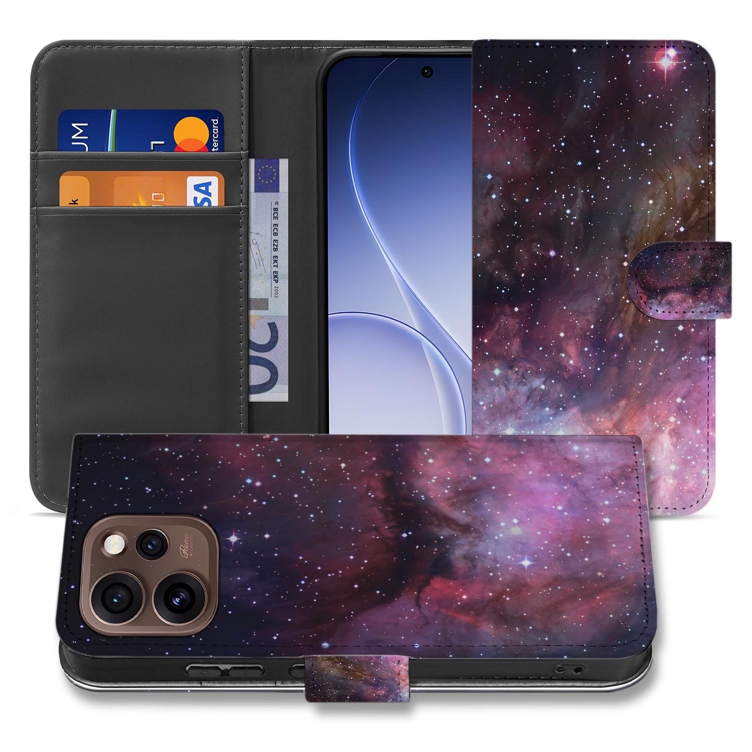 Portemonnee hoesje OPPO Reno15 Pro Galaxy met gesloten klep, vooraanzicht