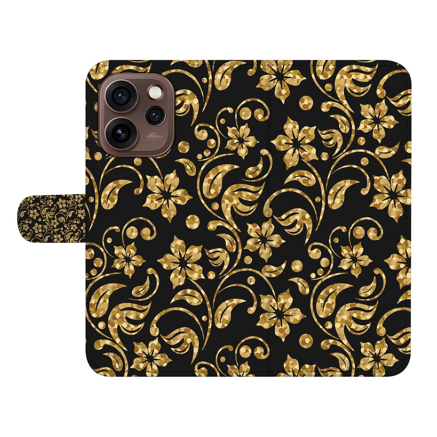 Bookcase hoesje OPPO Reno15 Pro Gouden Bloemen opengeklapt met pasjesvakken zichtbaar
