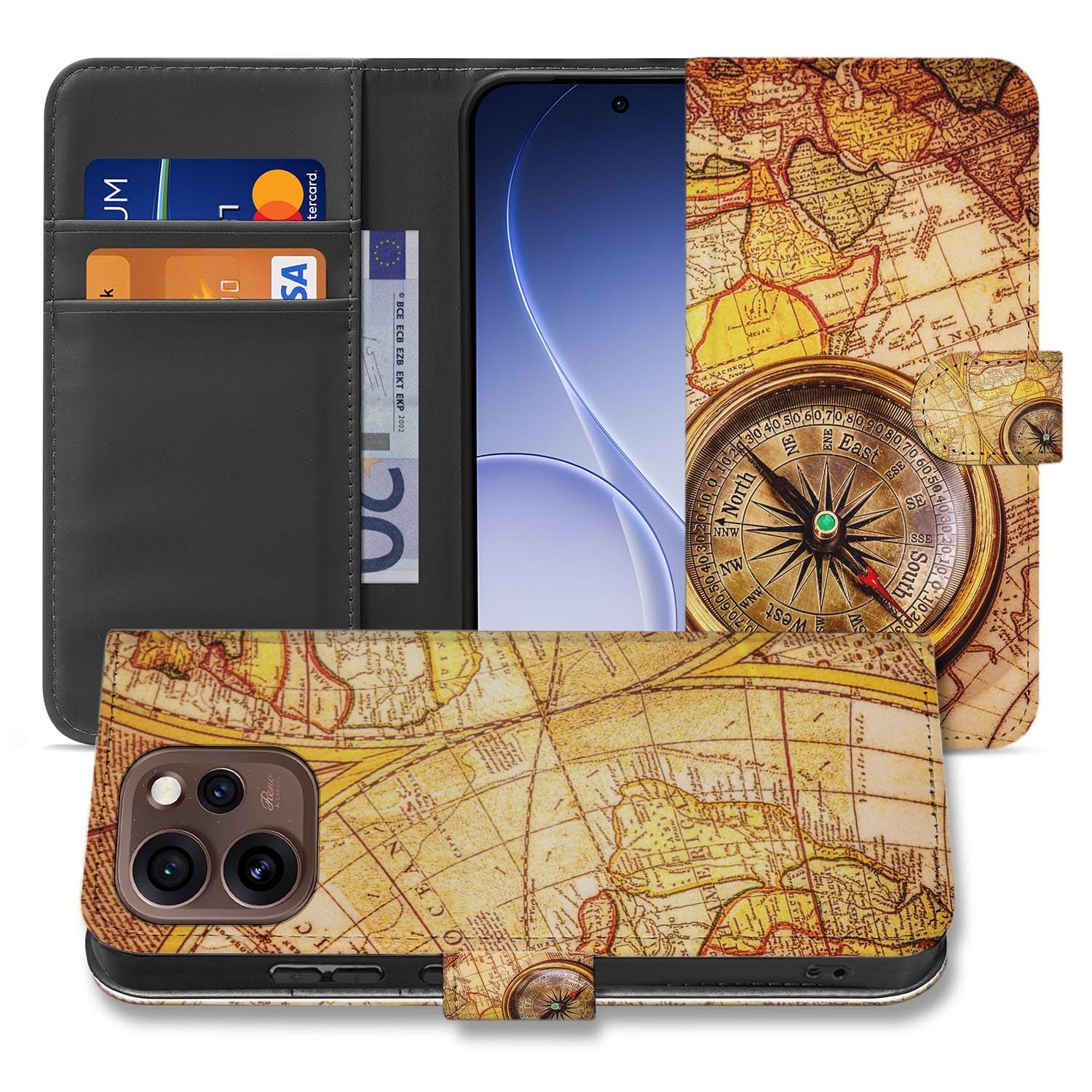 Wallet hoesje OPPO Reno15 Pro Kompas met gesloten klep, vooraanzicht