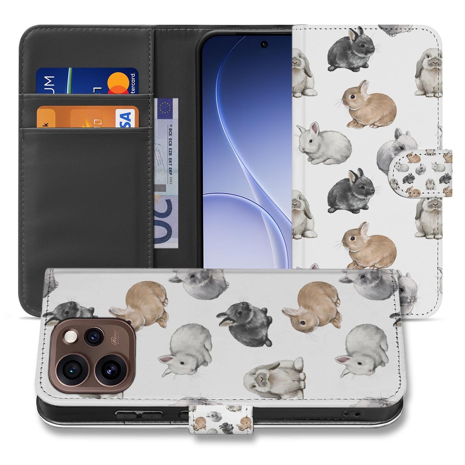 Hoesje met pasjeshouder OPPO Reno15 Pro Konijntjes opengeklapt met pasjesvakken zichtbaar