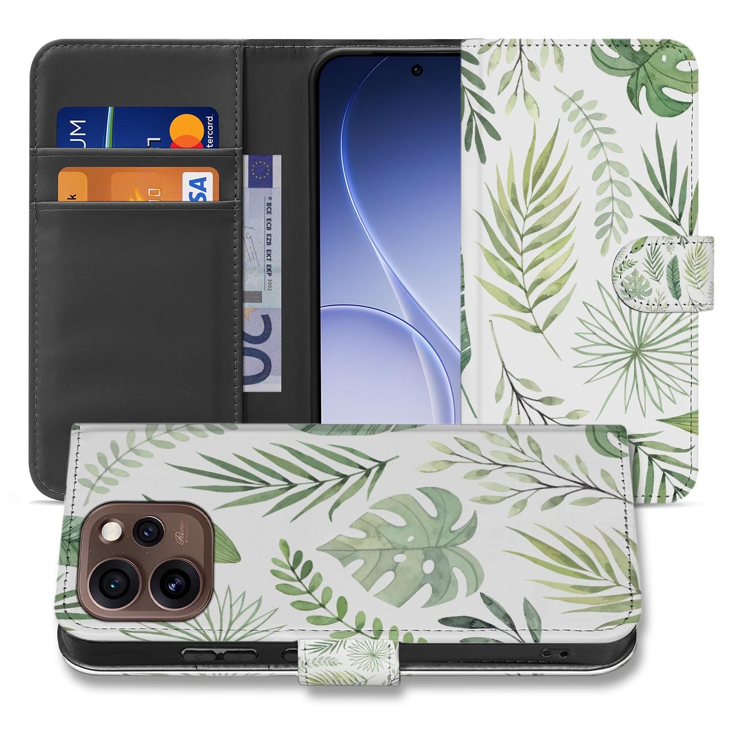Bookcase hoesje OPPO Reno15 Pro Leaves opengeklapt met pasjesvakken zichtbaar
