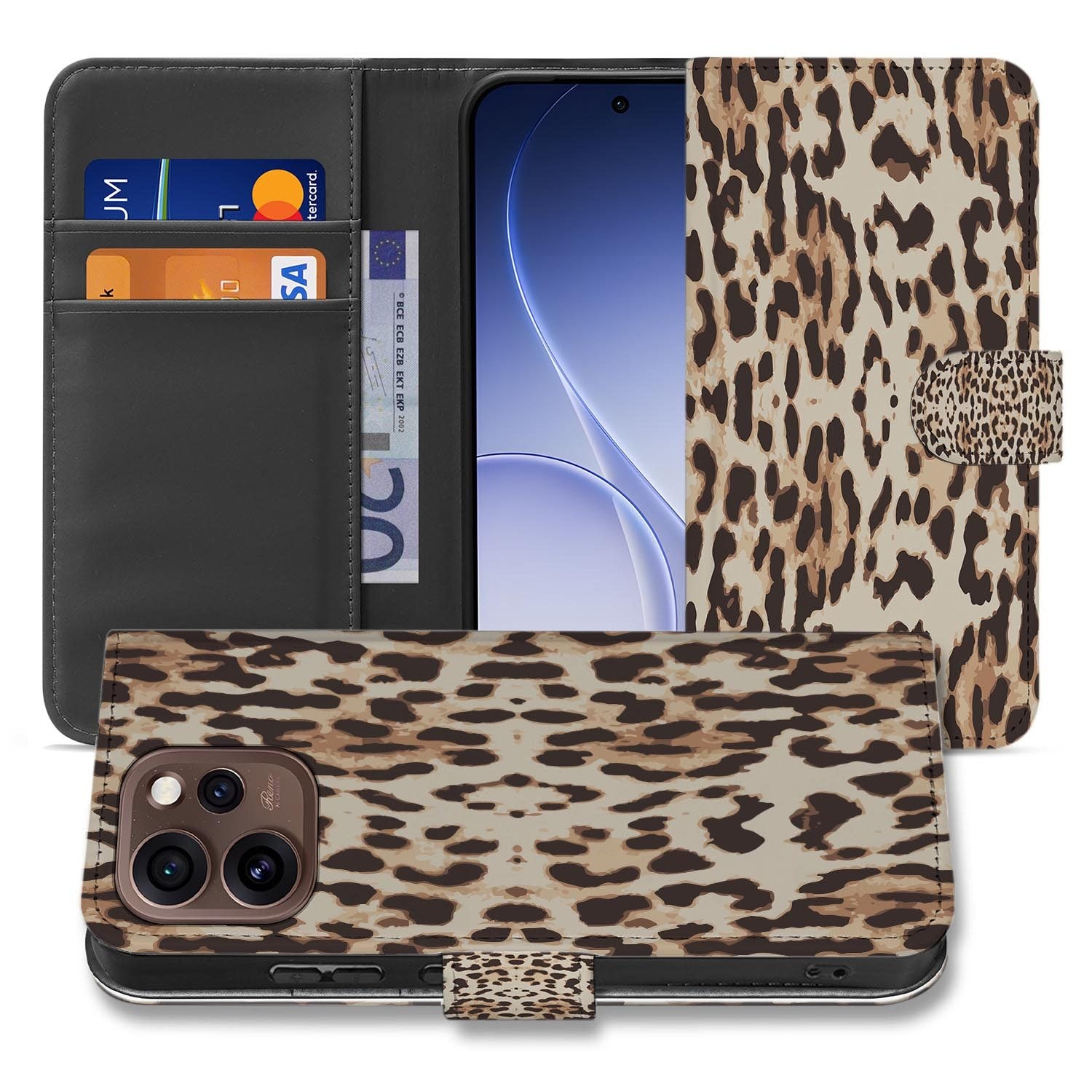 Book case hoesje OPPO Reno15 Pro Leopards schuin aanzicht van de klep