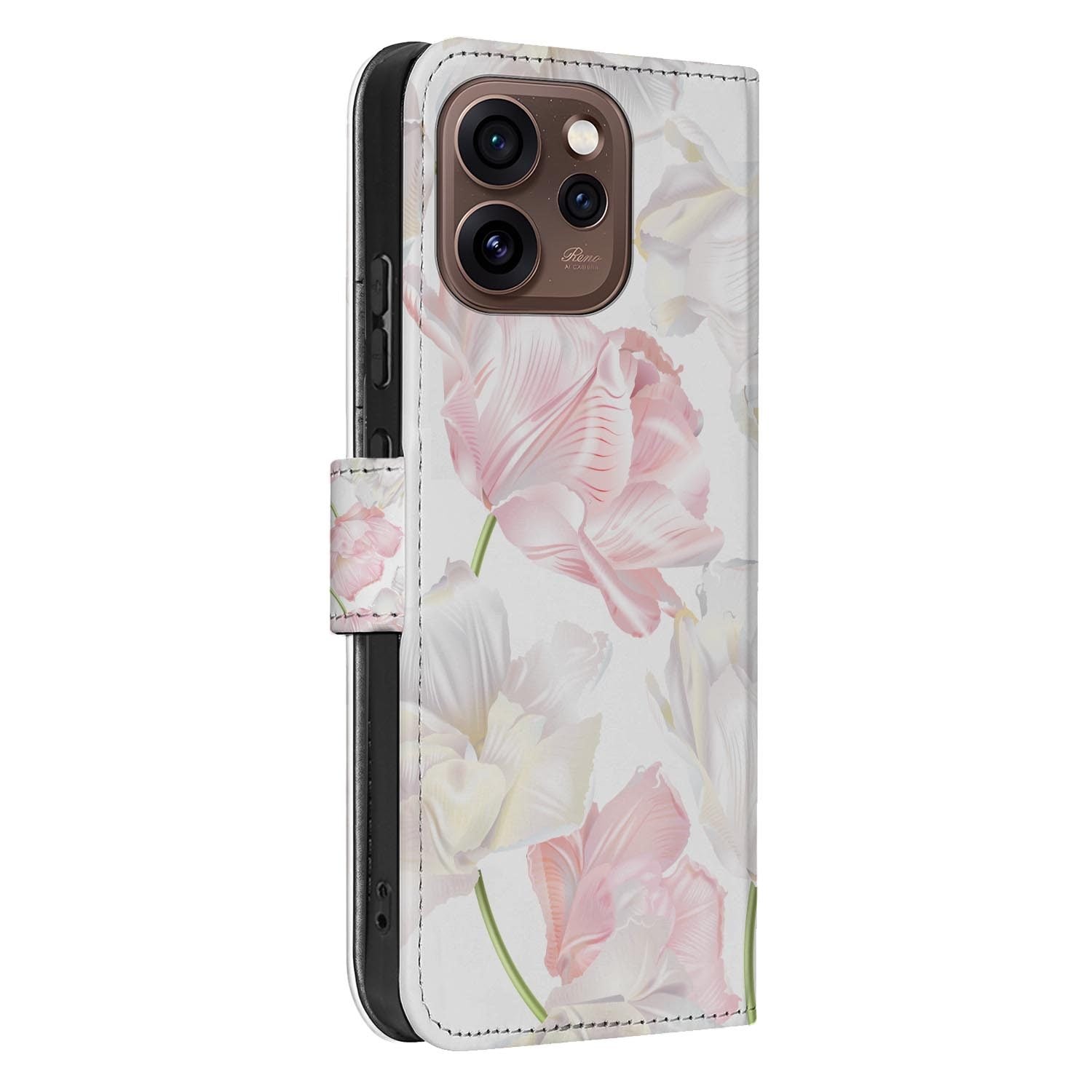 Book case hoesje OPPO Reno15 Pro Lovely Flowers opengeklapt met pasjesvakken zichtbaar