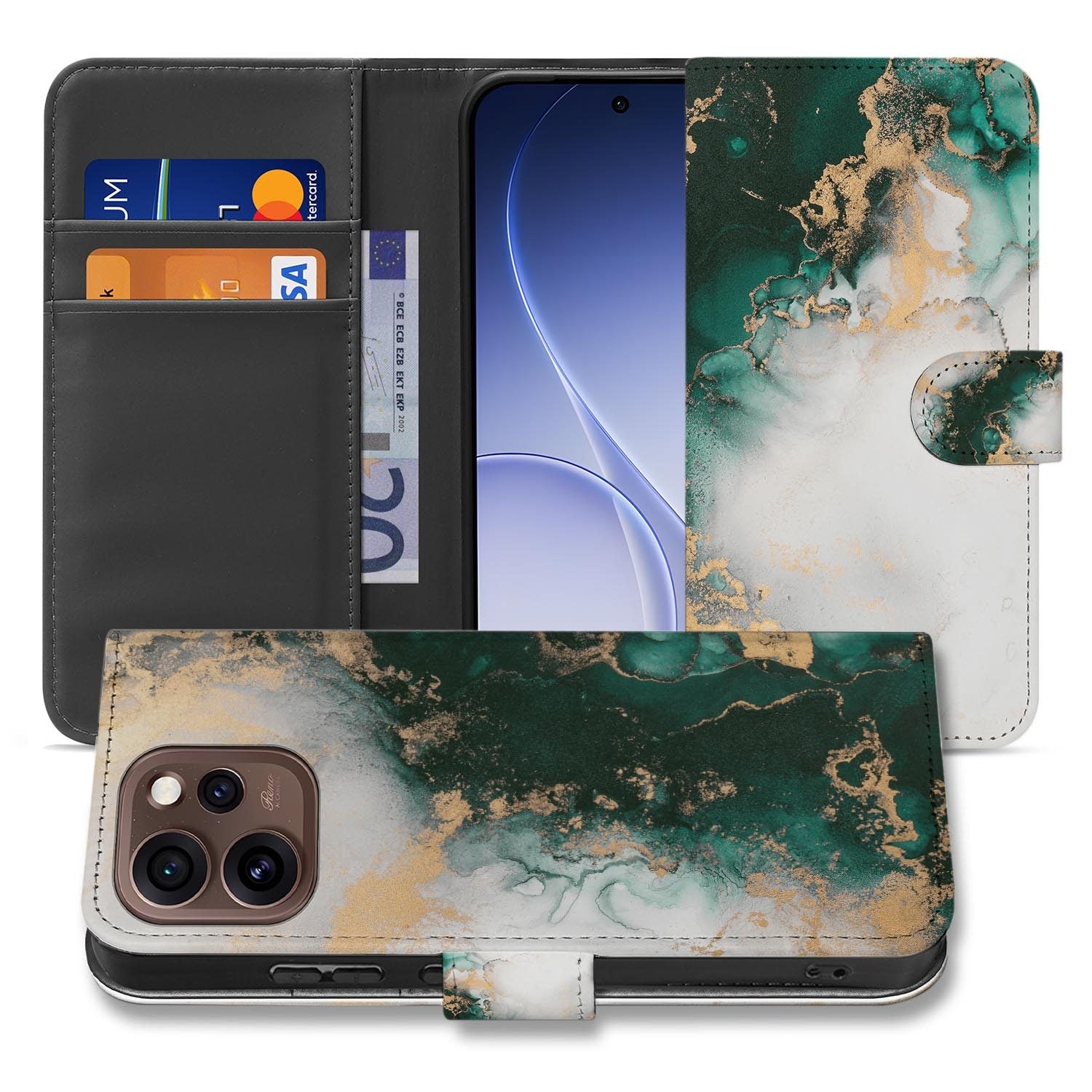 Portemonnee hoesje OPPO Reno15 Pro Marmer Groen zijaanzicht met magneetsluiting