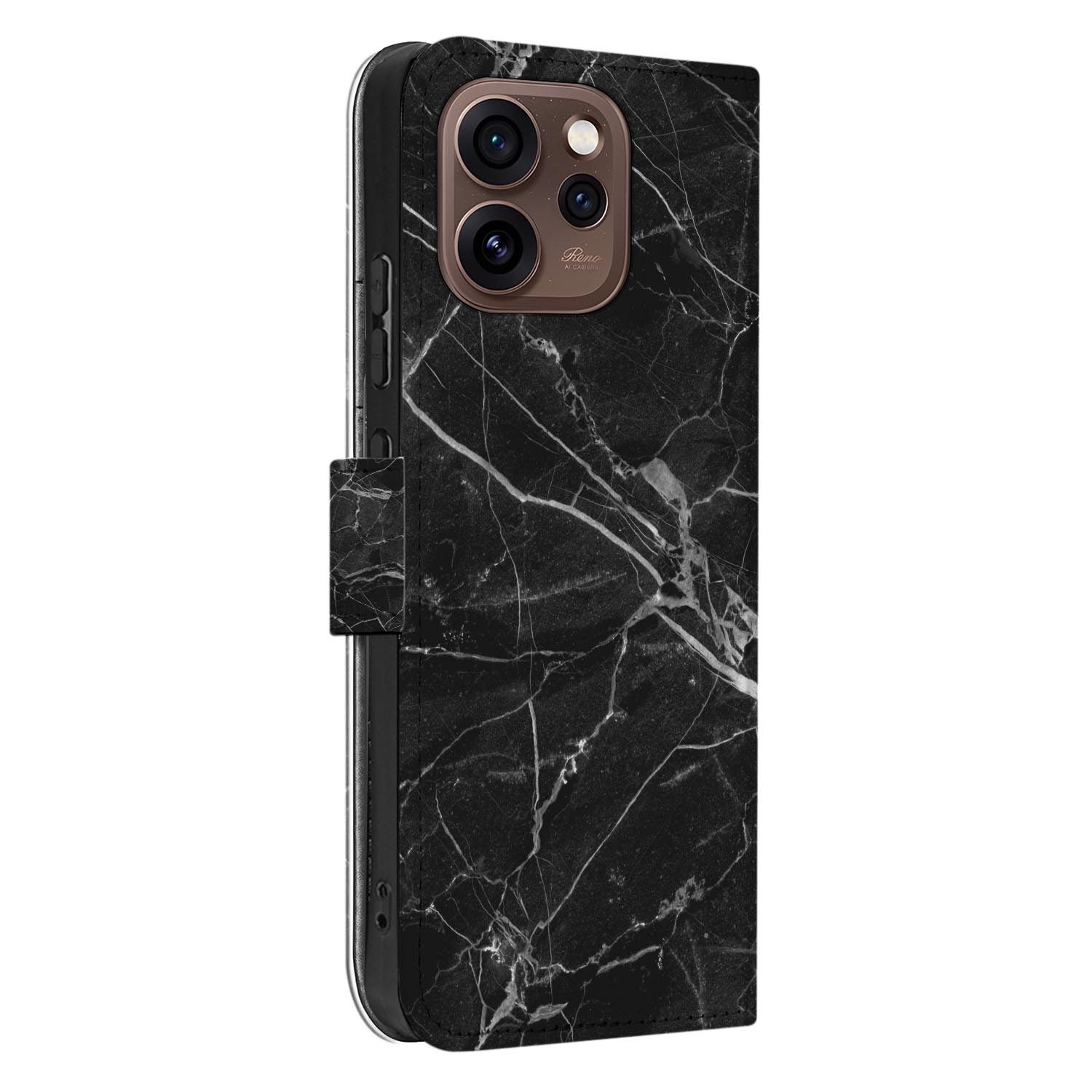 Wallet hoesje OPPO Reno15 Pro Marmer Zwart schuin aanzicht van de klep