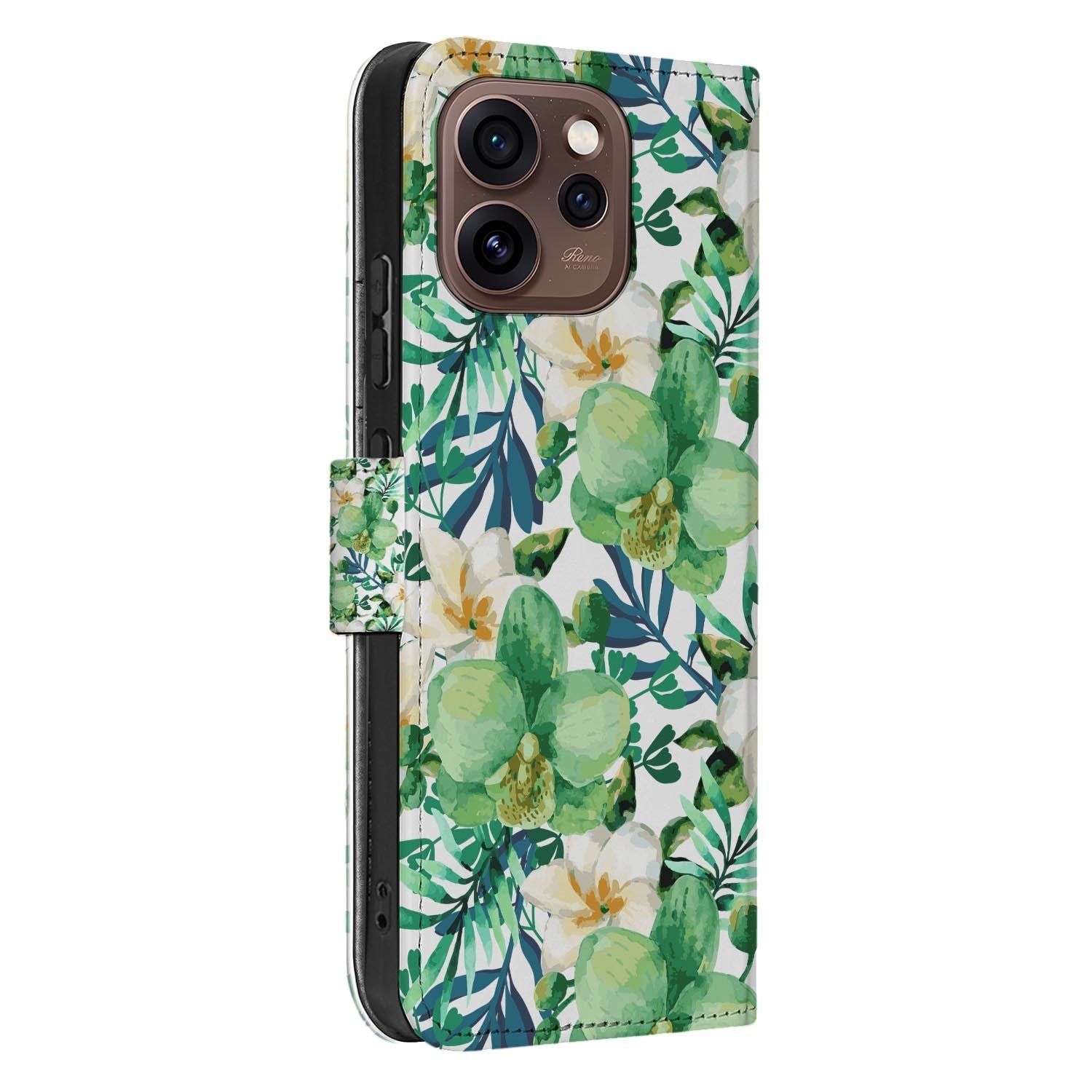 Bookcase hoesje OPPO Reno15 Pro Orchidee Groen schuin aanzicht van de klep