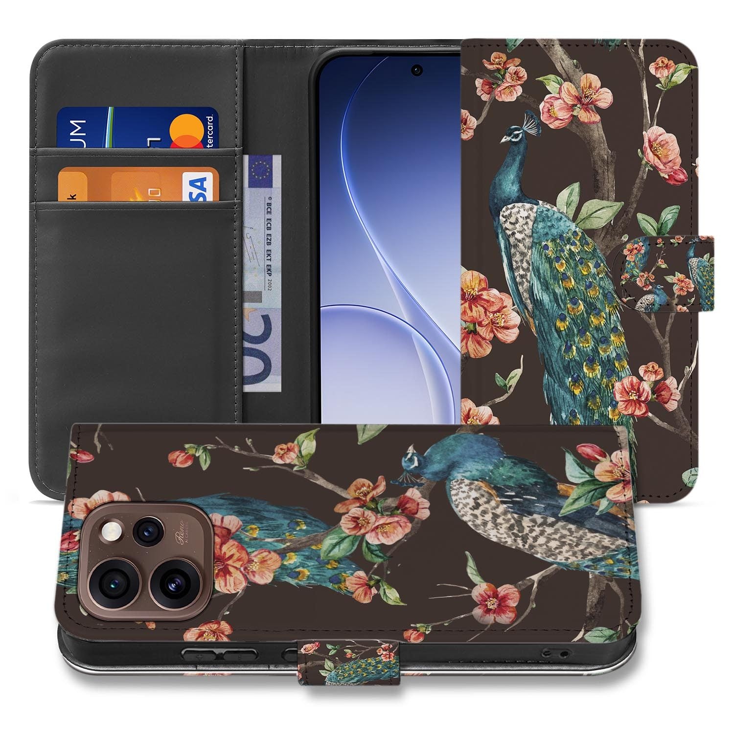 Portemonnee hoesje OPPO Reno15 Pro Pauw met Bloemen met gesloten klep, vooraanzicht