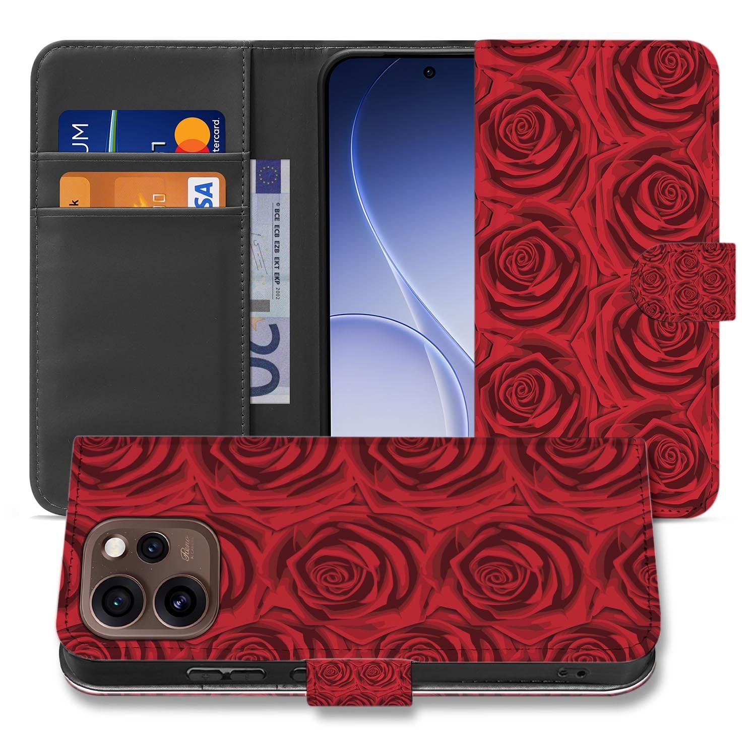 Bookcase hoesje OPPO Reno15 Pro Red Roses achterzijde met camera-uitsparing