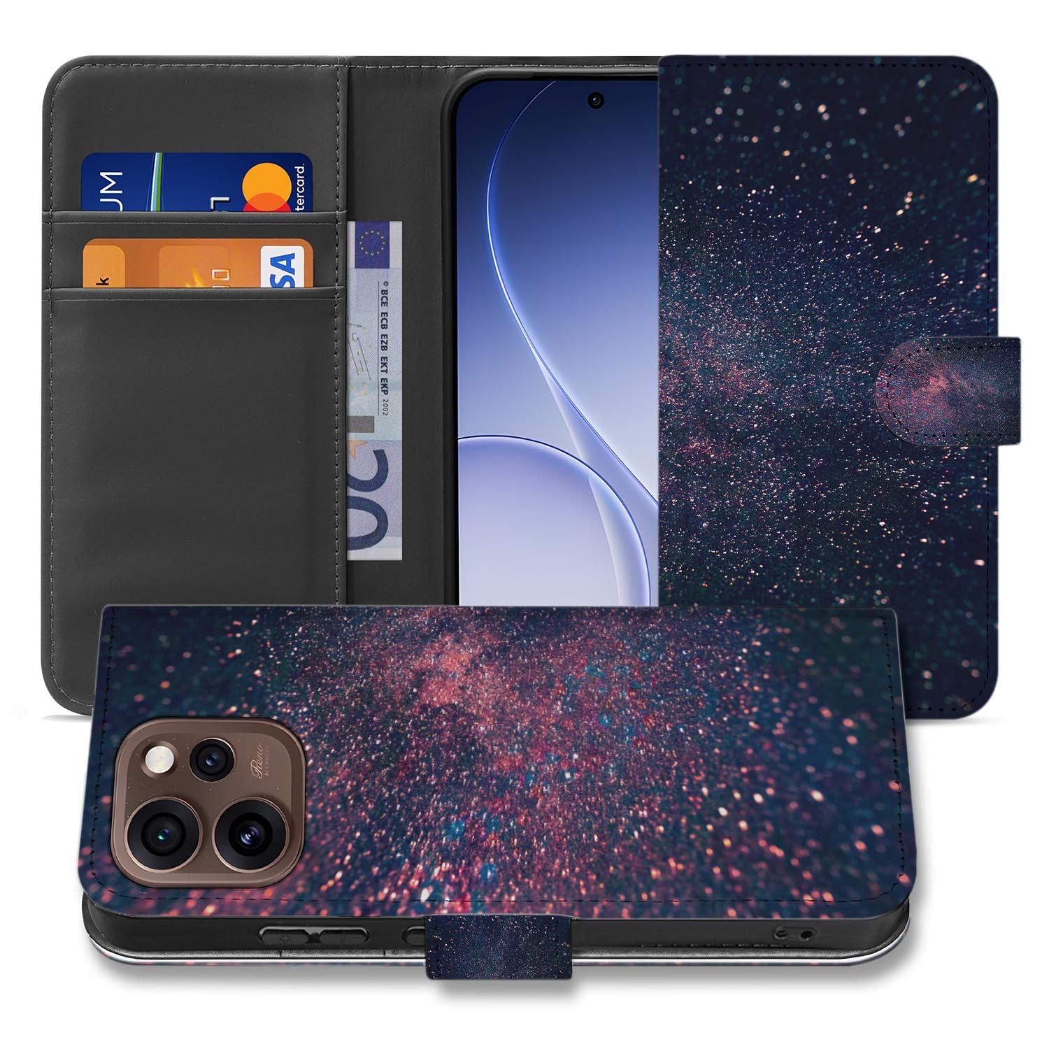 Wallet hoesje OPPO Reno15 Pro Stars met gesloten klep, vooraanzicht
