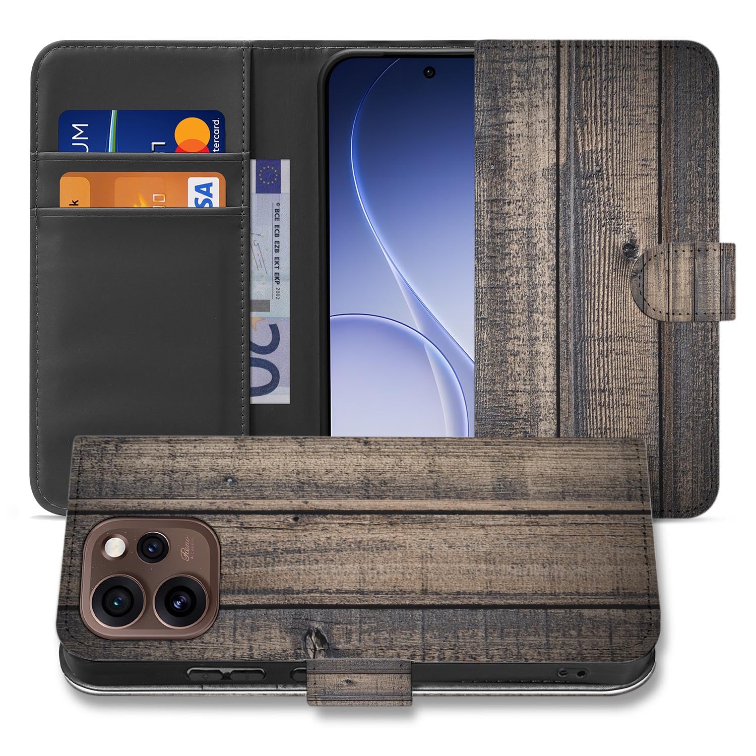 Hoesje met pasjeshouder OPPO Reno15 Pro Steigerhout zijaanzicht met magneetsluiting