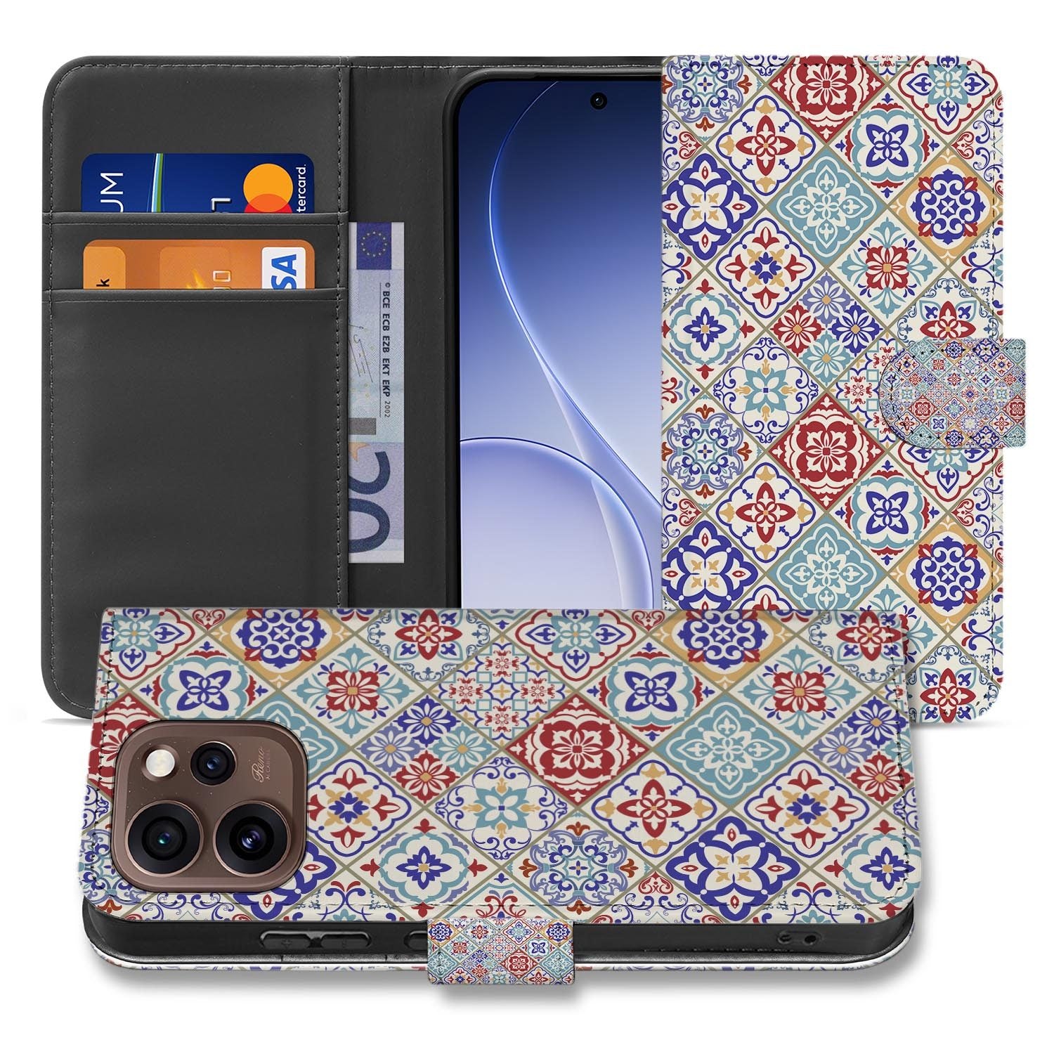 Bookcase hoesje OPPO Reno15 Pro Tiles Color zijaanzicht met magneetsluiting