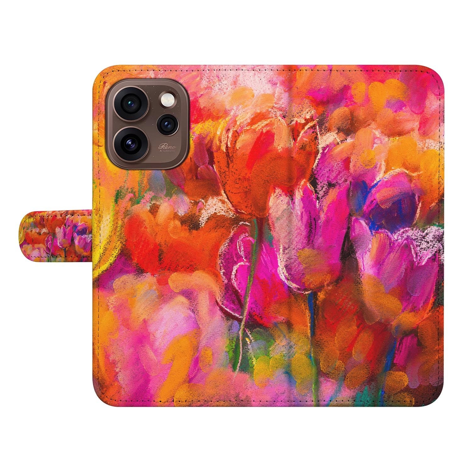 Book case hoesje OPPO Reno15 Pro Tulips schuin aanzicht van de klep