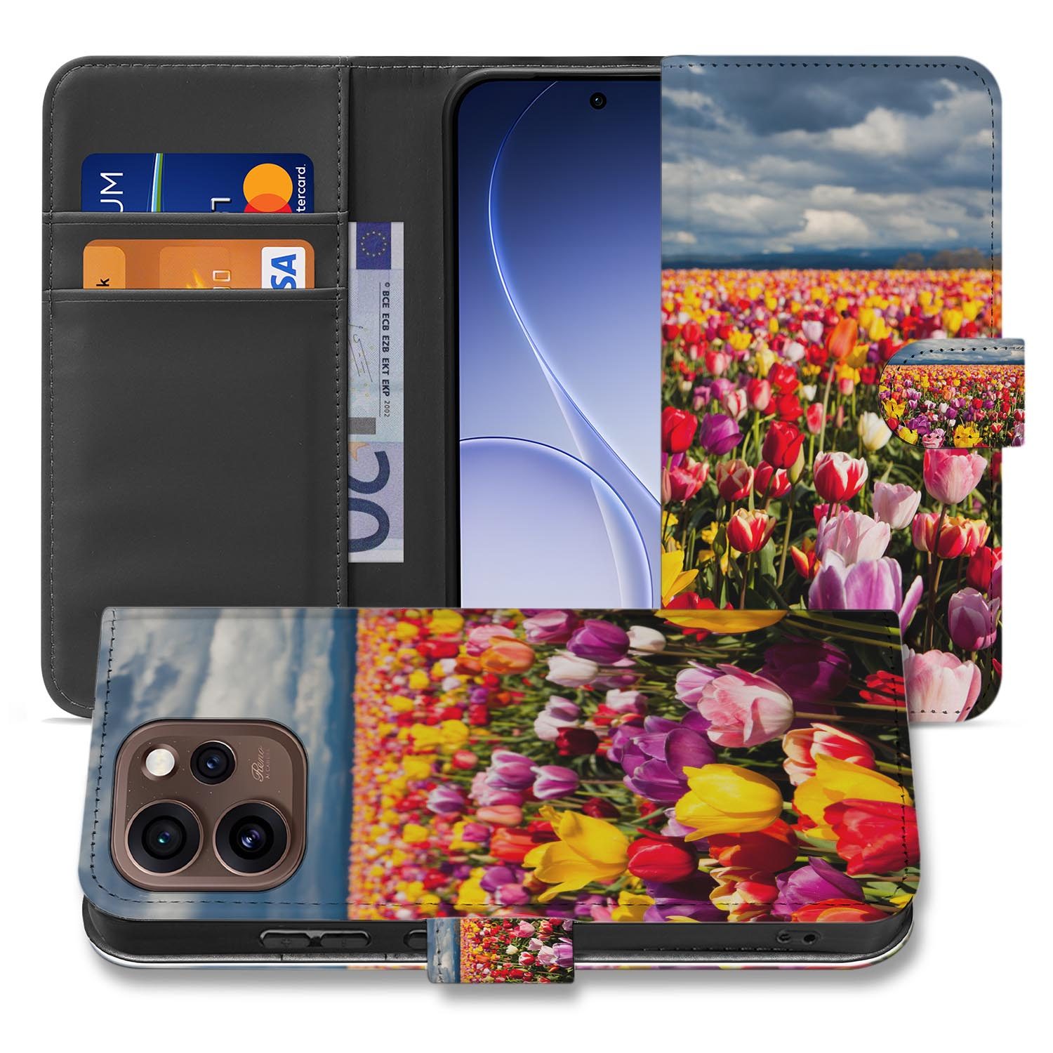 Book case hoesje OPPO Reno15 Pro Tulpen schuin aanzicht van de klep
