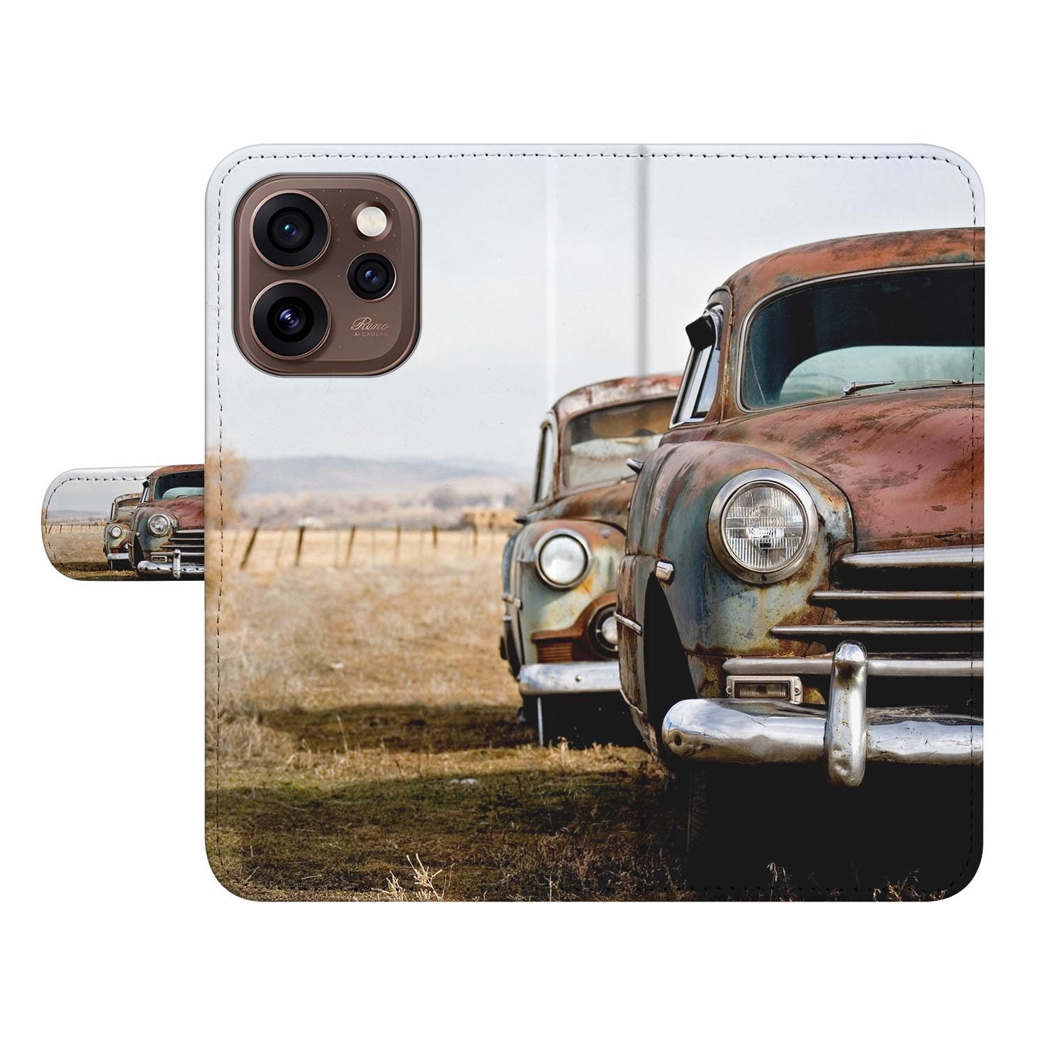 Portemonnee hoesje OPPO Reno15 Pro Vintage Auto met gesloten klep, vooraanzicht