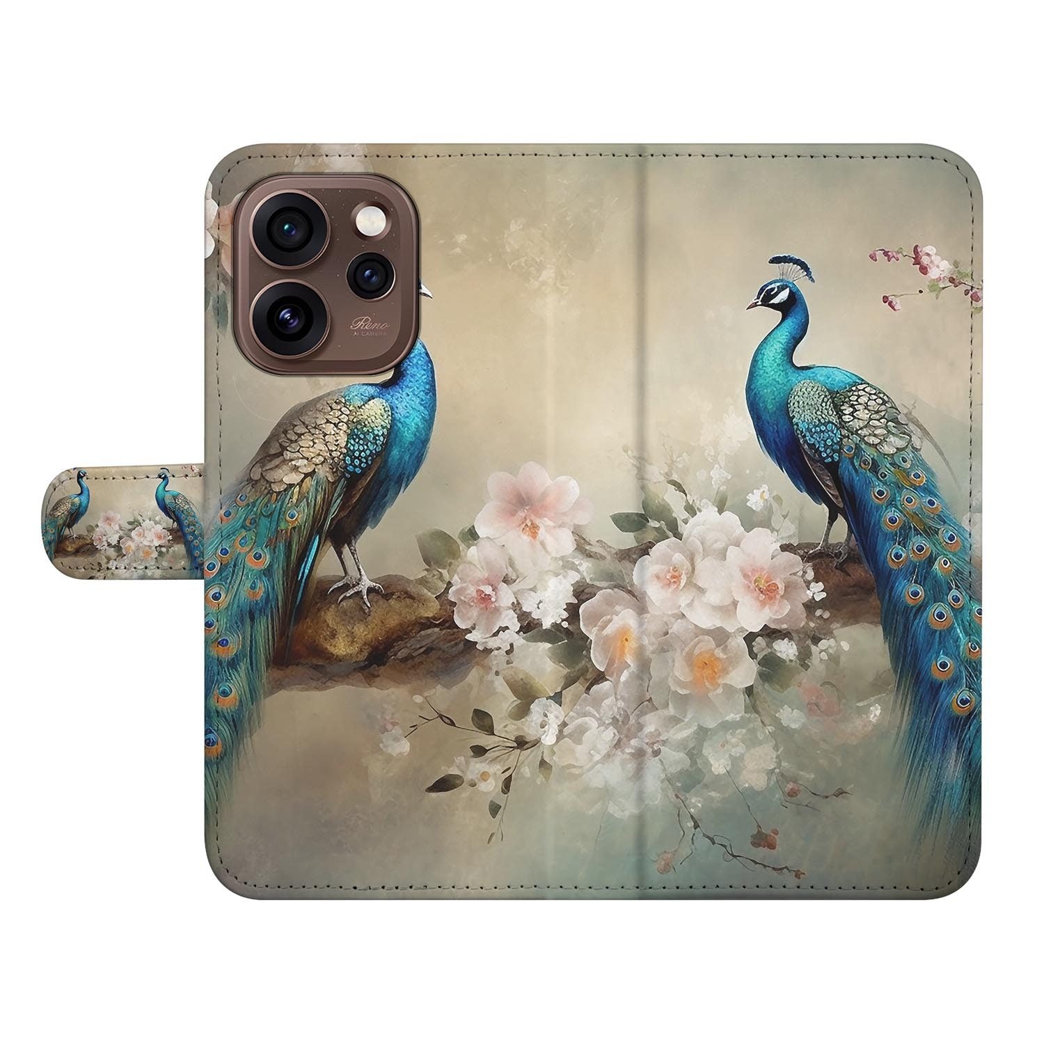 Wallet hoesje OPPO Reno15 Pro Vintage Pauwen opengeklapt met pasjesvakken zichtbaar