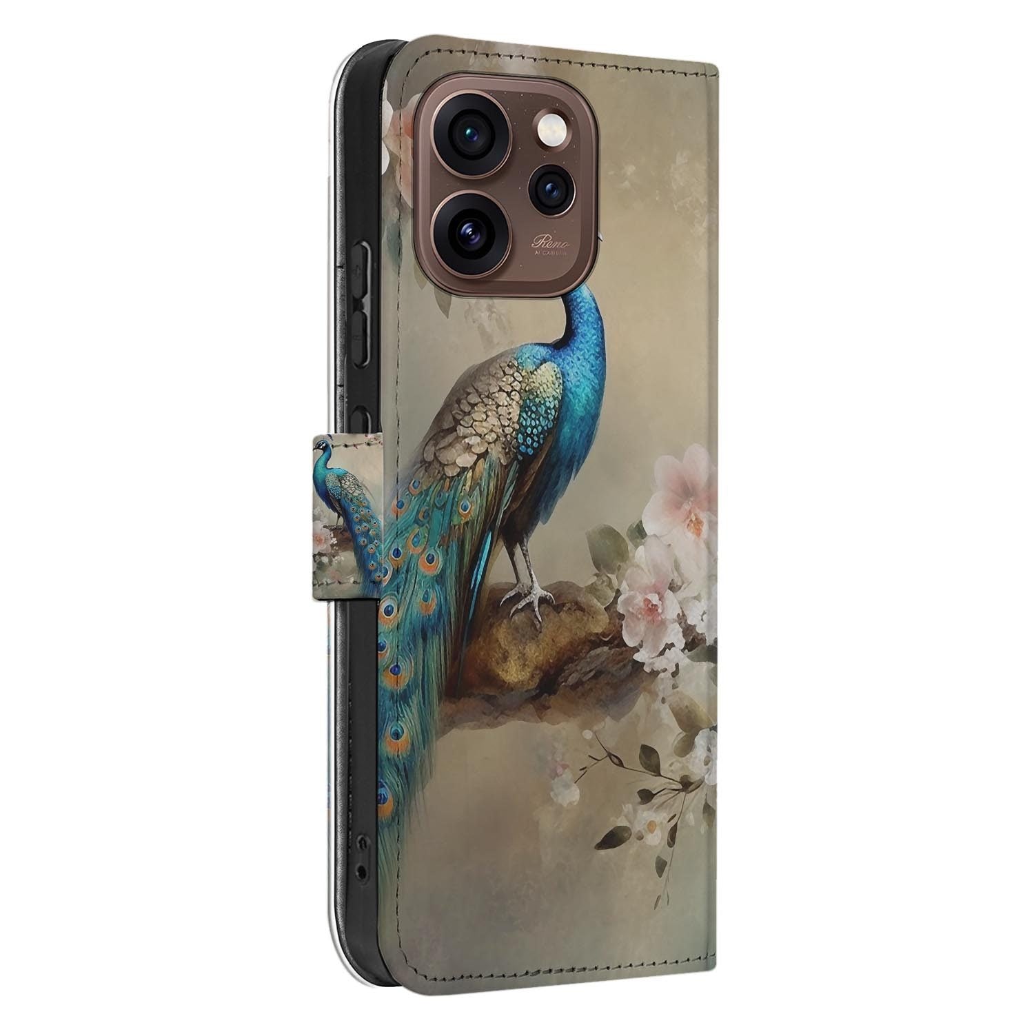 Wallet hoesje OPPO Reno15 Pro Vintage Pauwen schuin aanzicht van de klep