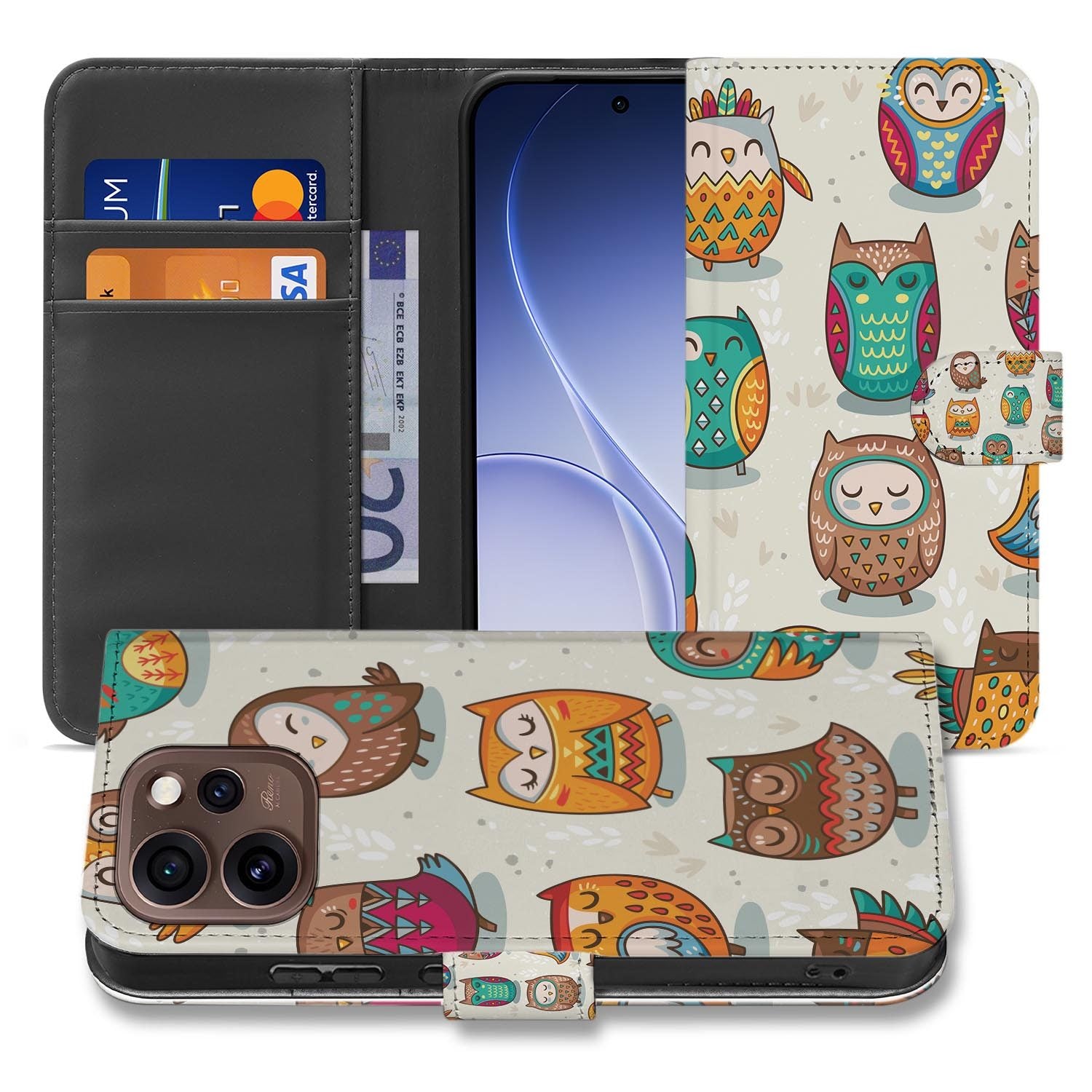Bookcase hoesje OPPO Reno15 Pro Vrolijke Uilen achterzijde met camera-uitsparing