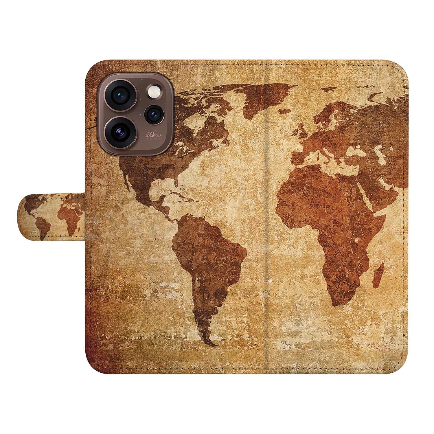 Wallet Hoesje OPPO Reno15 Pro Wereldkaart met vintage wereldkaart in geel en bruin.